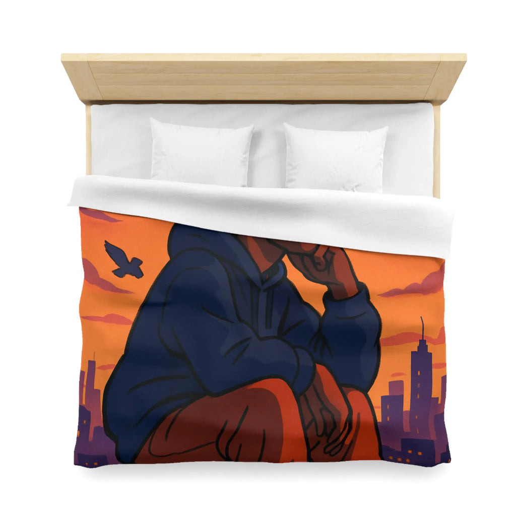 Housse de couette au design urbain moderne avec ciel crépusculaire et silhouette pensive