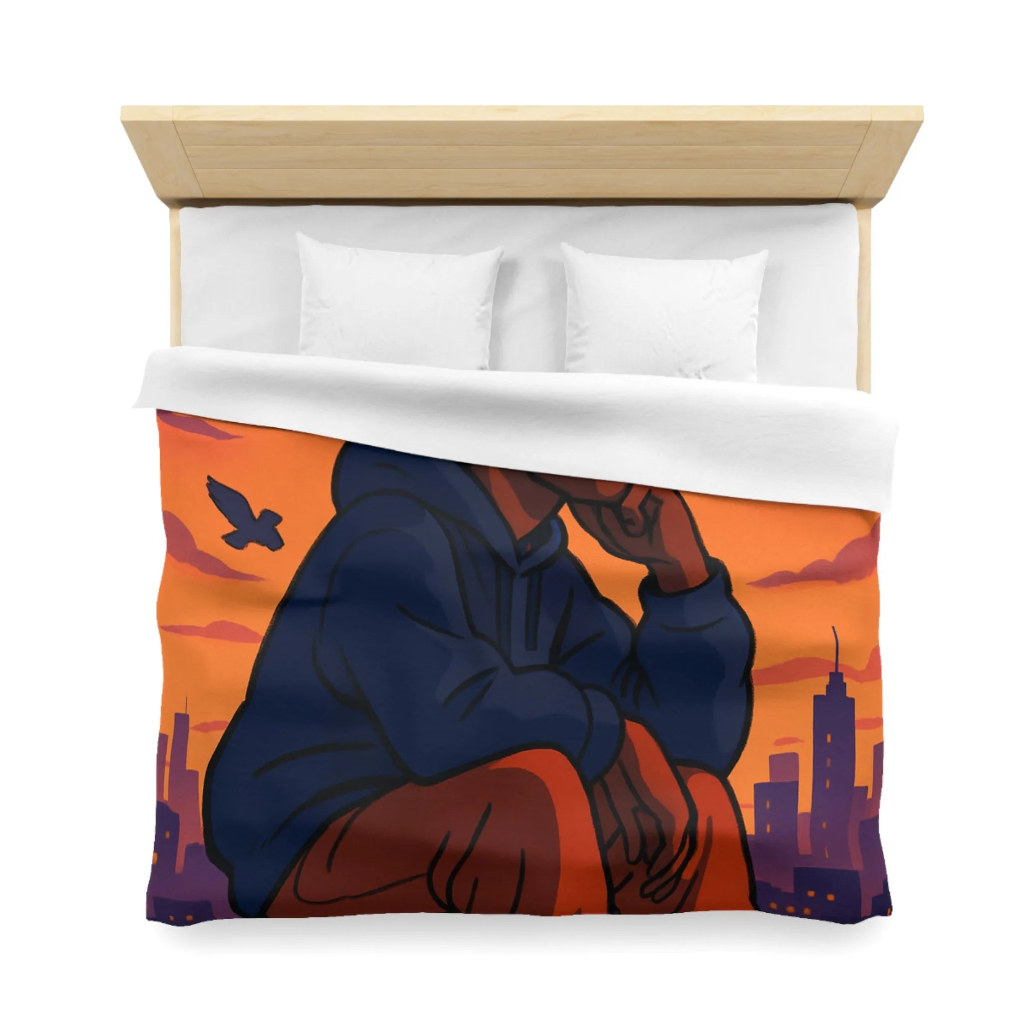 Housse de couette au design urbain moderne avec ciel crépusculaire et silhouette pensive