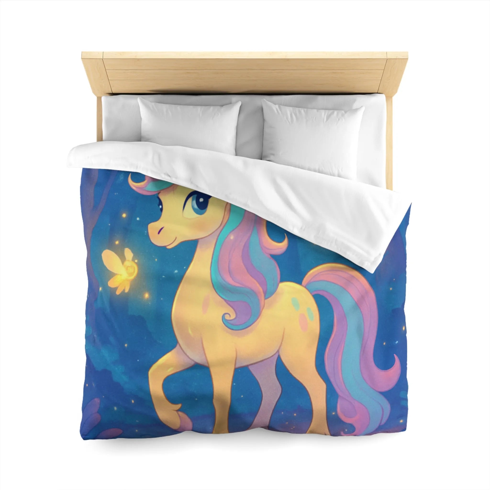 Housse de couette avec licorne féerique et lucioles dans une forêt enchantée