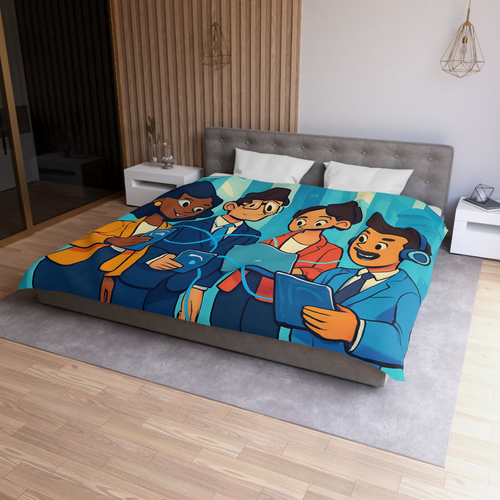 Housse de couette moderne illustrant équipe collaborative en milieu urbain technologique