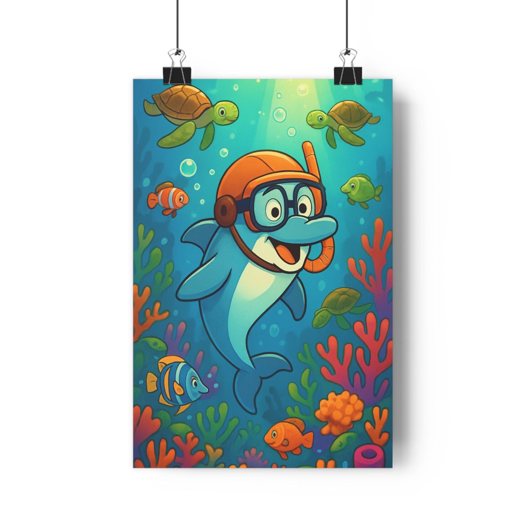 Poster décoratif anime dauphin corail couleurs vives joyeux chambre enfant océan sousmarin tortue poissons