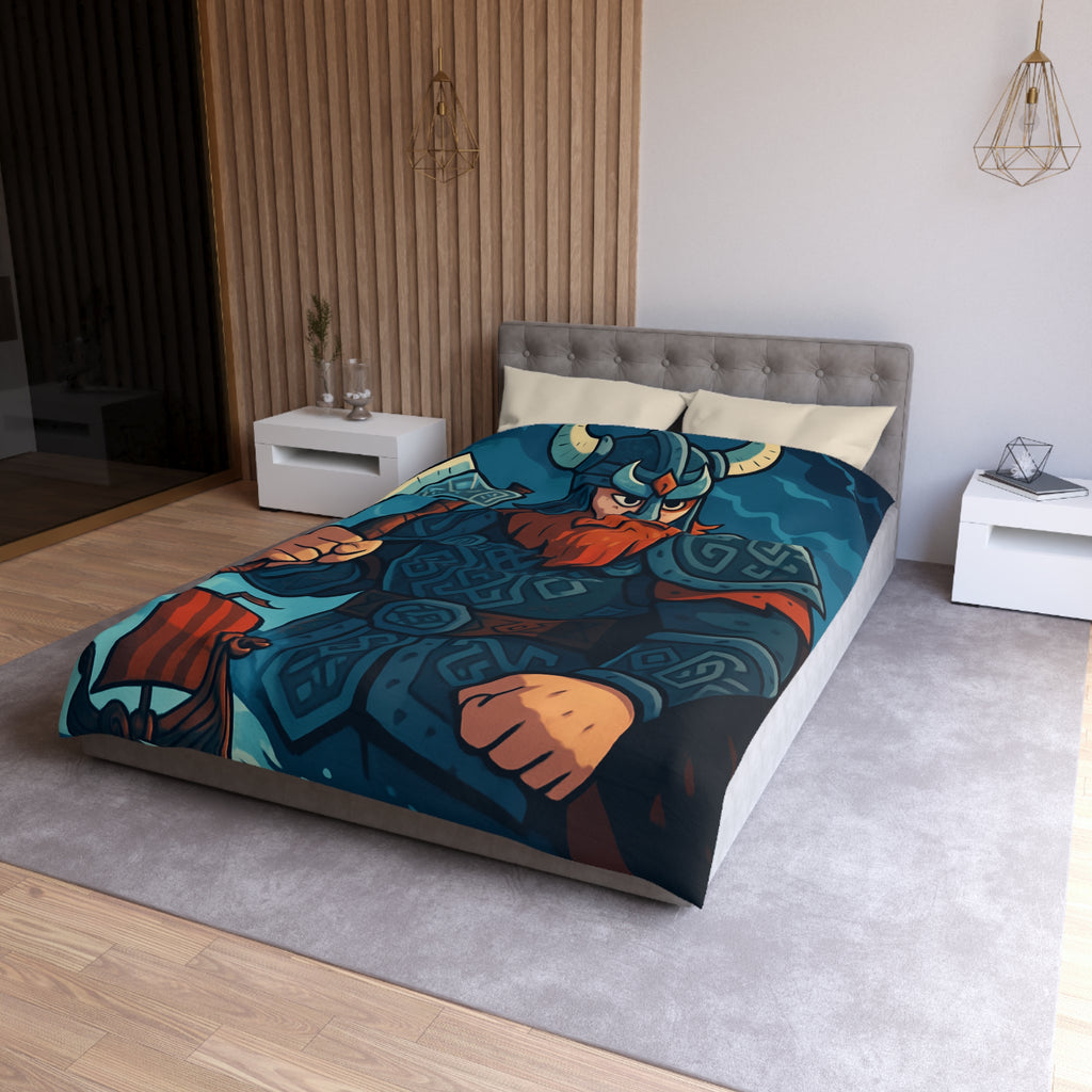 Housse de Couette Viking Illustrée avec Guerrier et Drakkar sur Fond Océan Tempétueux