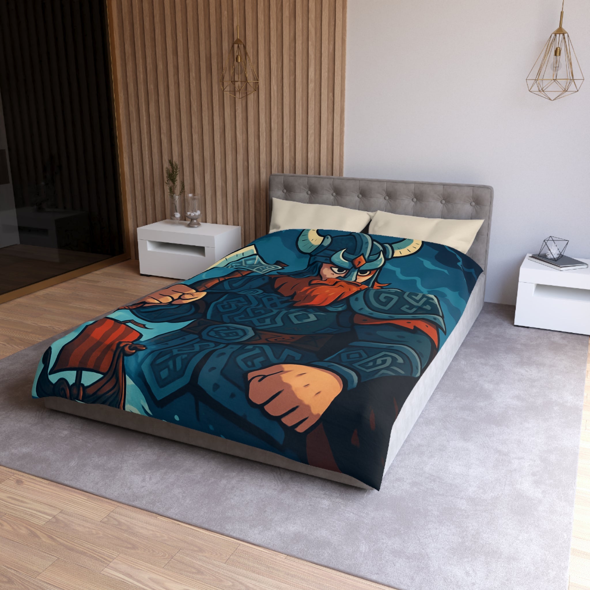 Housse de Couette Viking Illustrée avec Guerrier et Drakkar sur Fond Océan Tempétueux