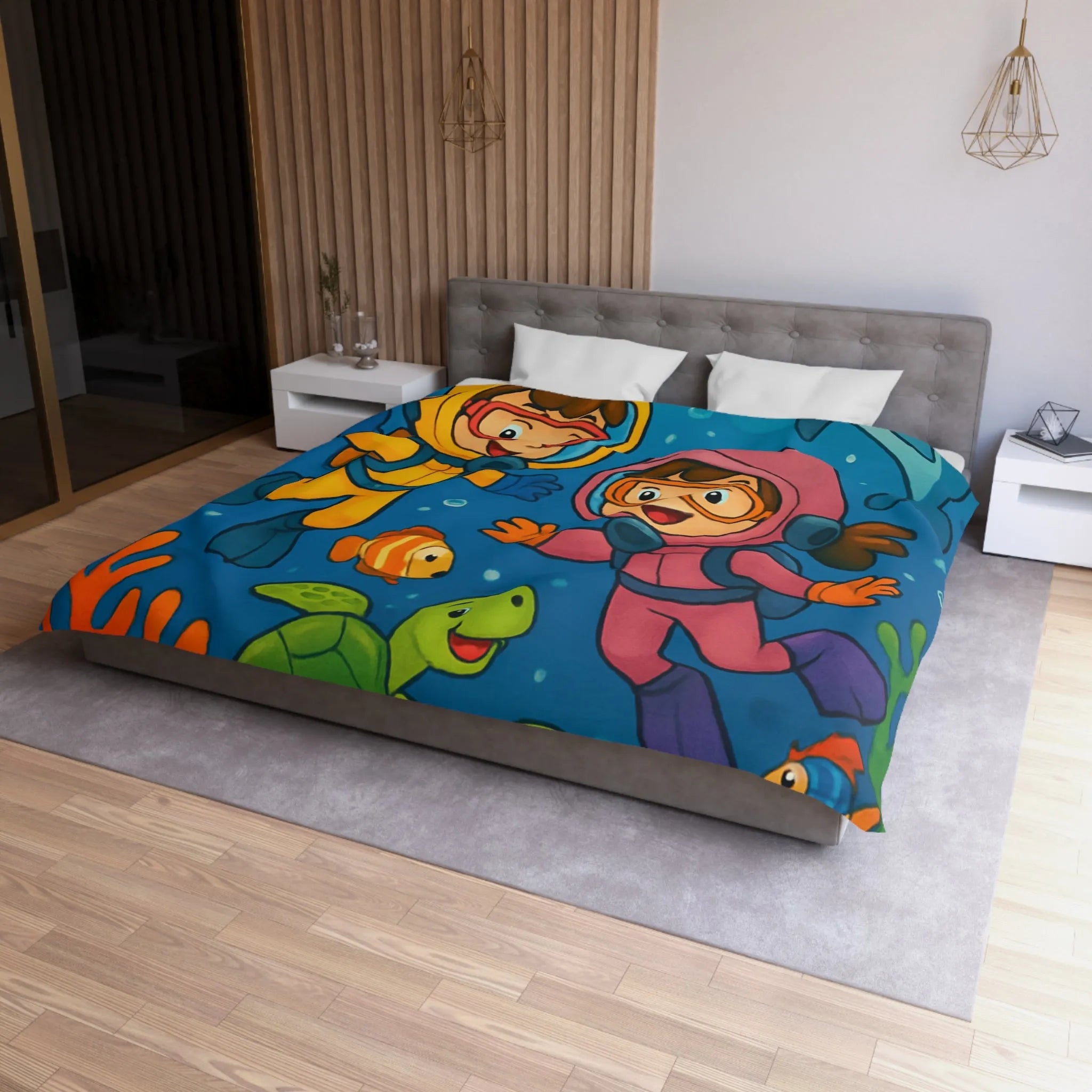 Housse de couette ludique pour enfant avec plongeurs et animaux marins multicolores