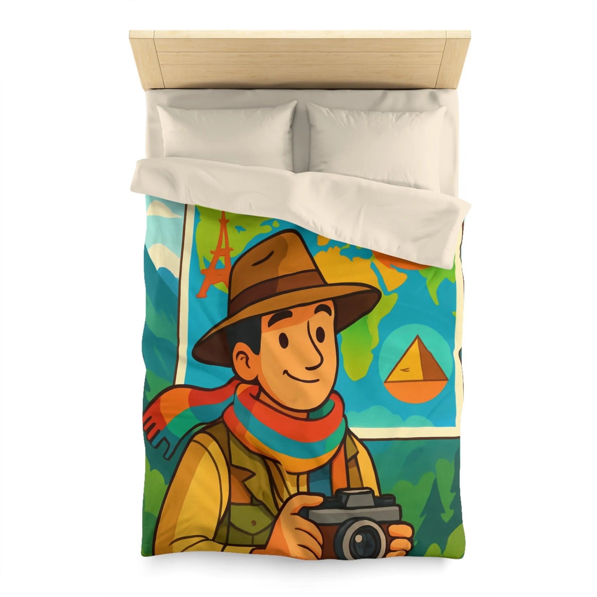 Housse de Couette Aventure Monde Carte Explorateur avec Illustrations Colorées et Éléments Culturels