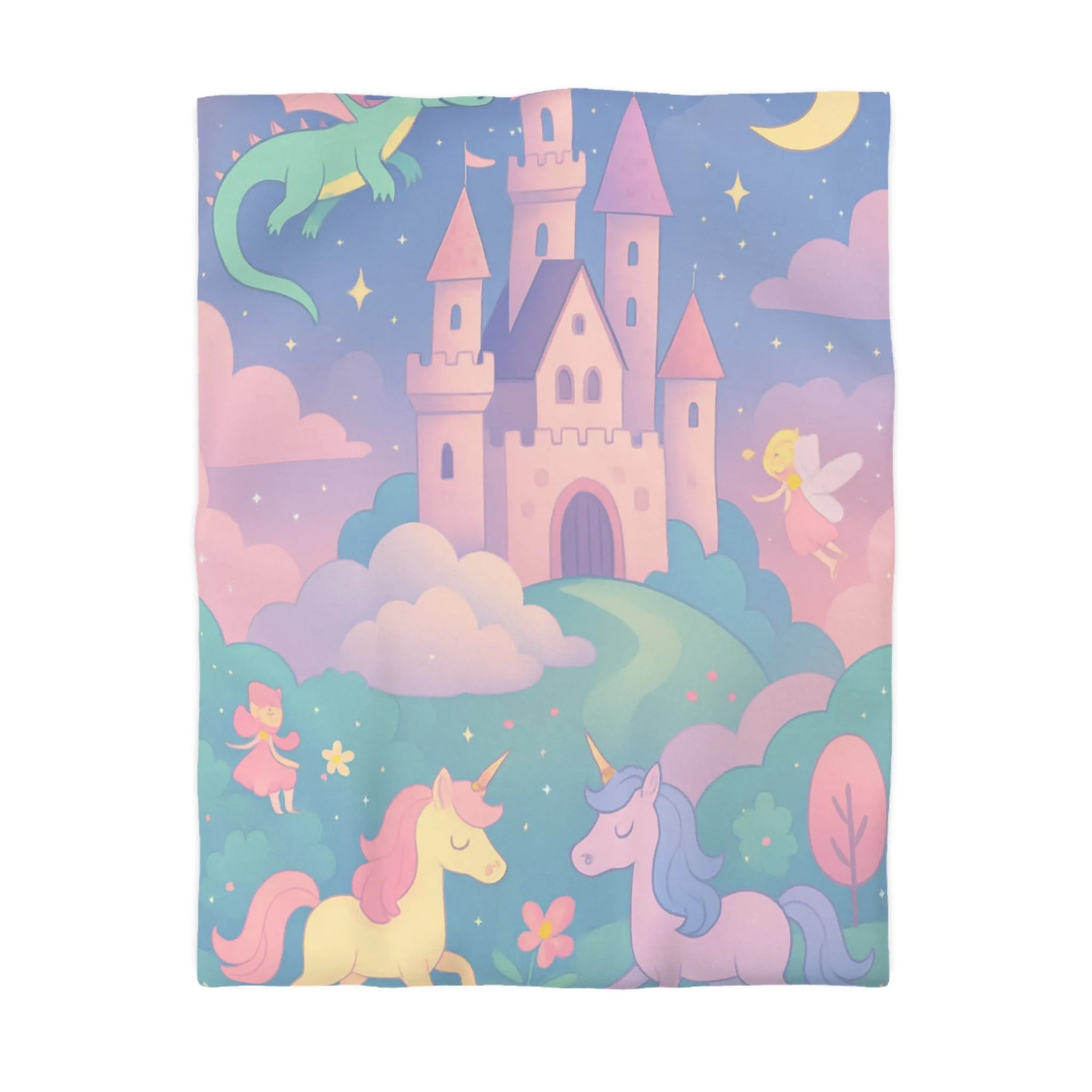 Housse de couette magique pour enfant avec licornes, château, dragon et fée