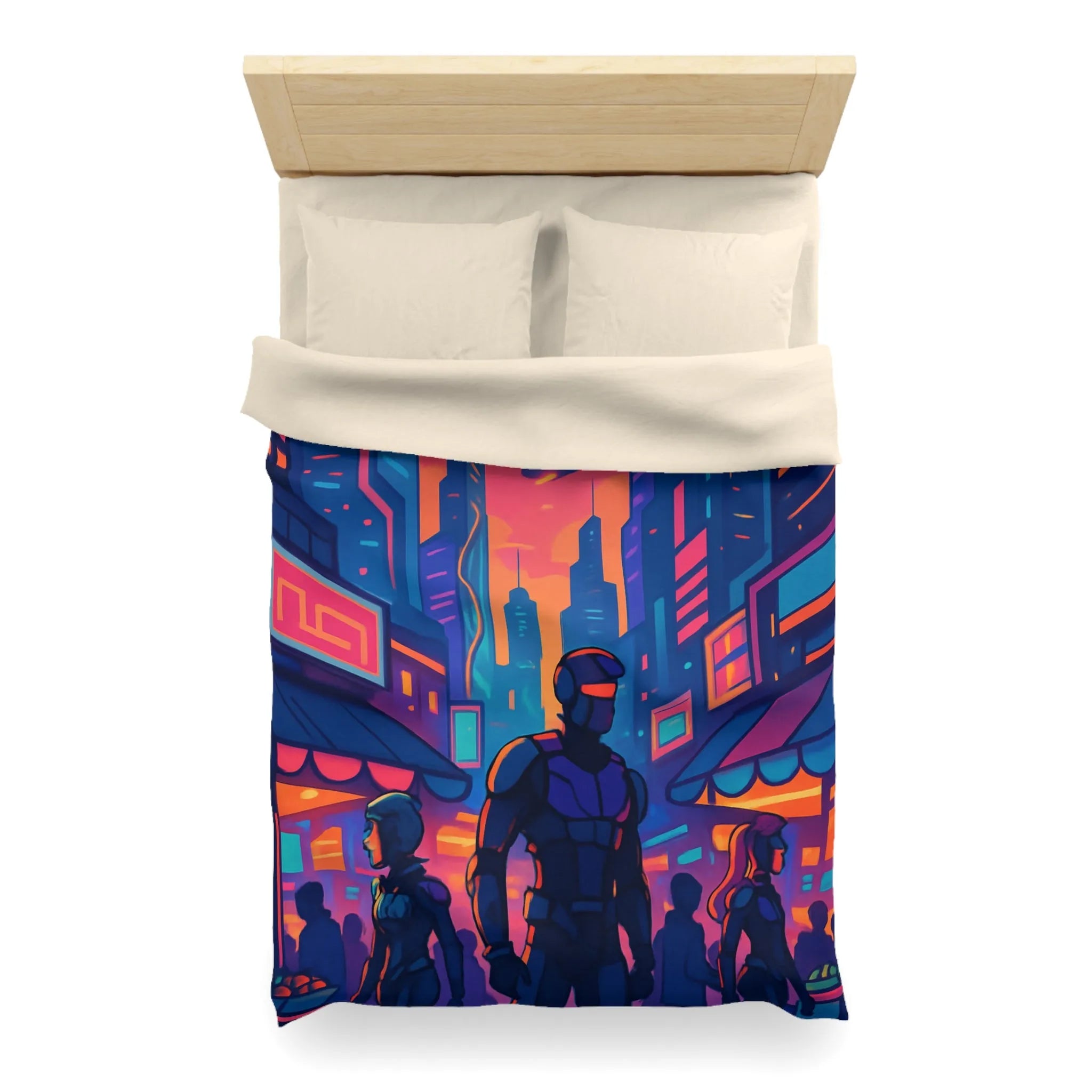 Housse de couette futuriste avec skyline néon et silhouettes urbaines nocturnes modernes