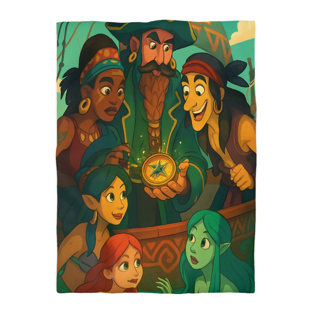 Housse de couette pirate et sirènes avec trésor sur mer émeraude et ciel