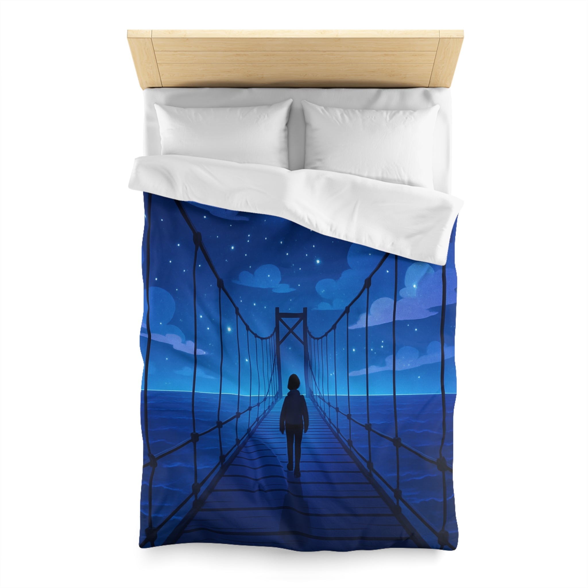 Housse de couette pont étoilé avec silhouette sous ciel nocturne bleu profond