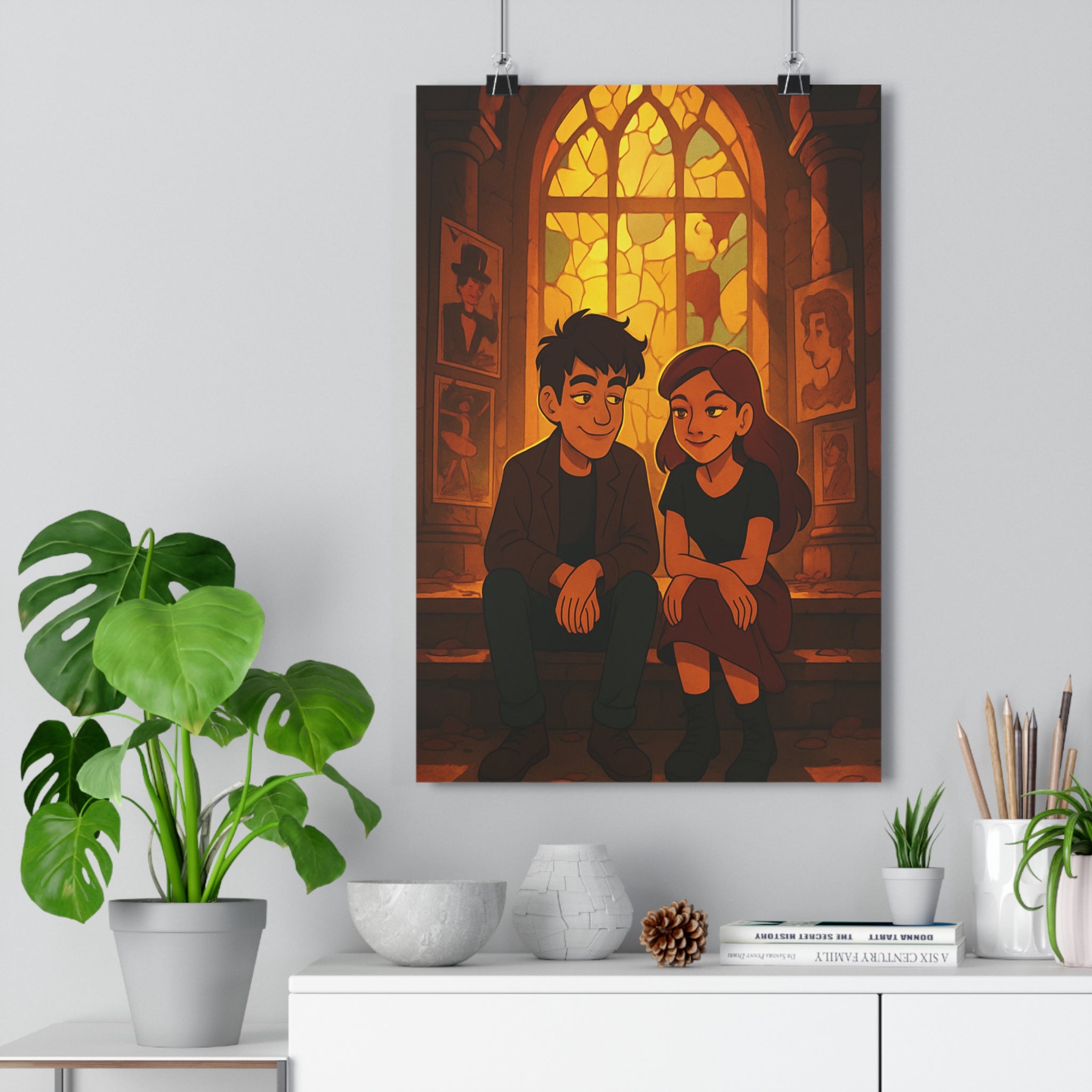 Poster décoratif animé vintage doré mystique salon chambre aventure fenêtre vitrail complice ambiance chaleureuse