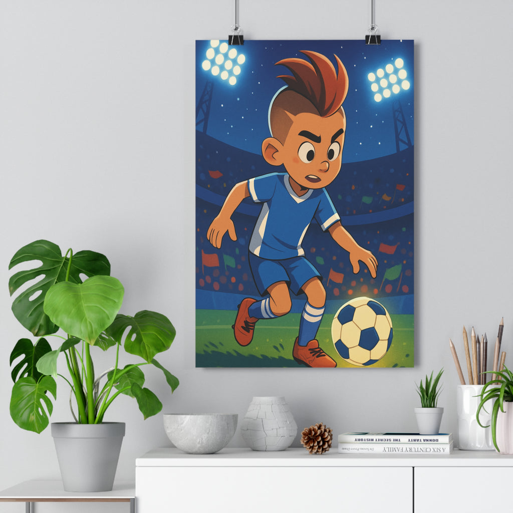 Poster décoratif jeune footballeur cartoon vibrant bleu blanc chambre enfant dynamique énergie tendance sport