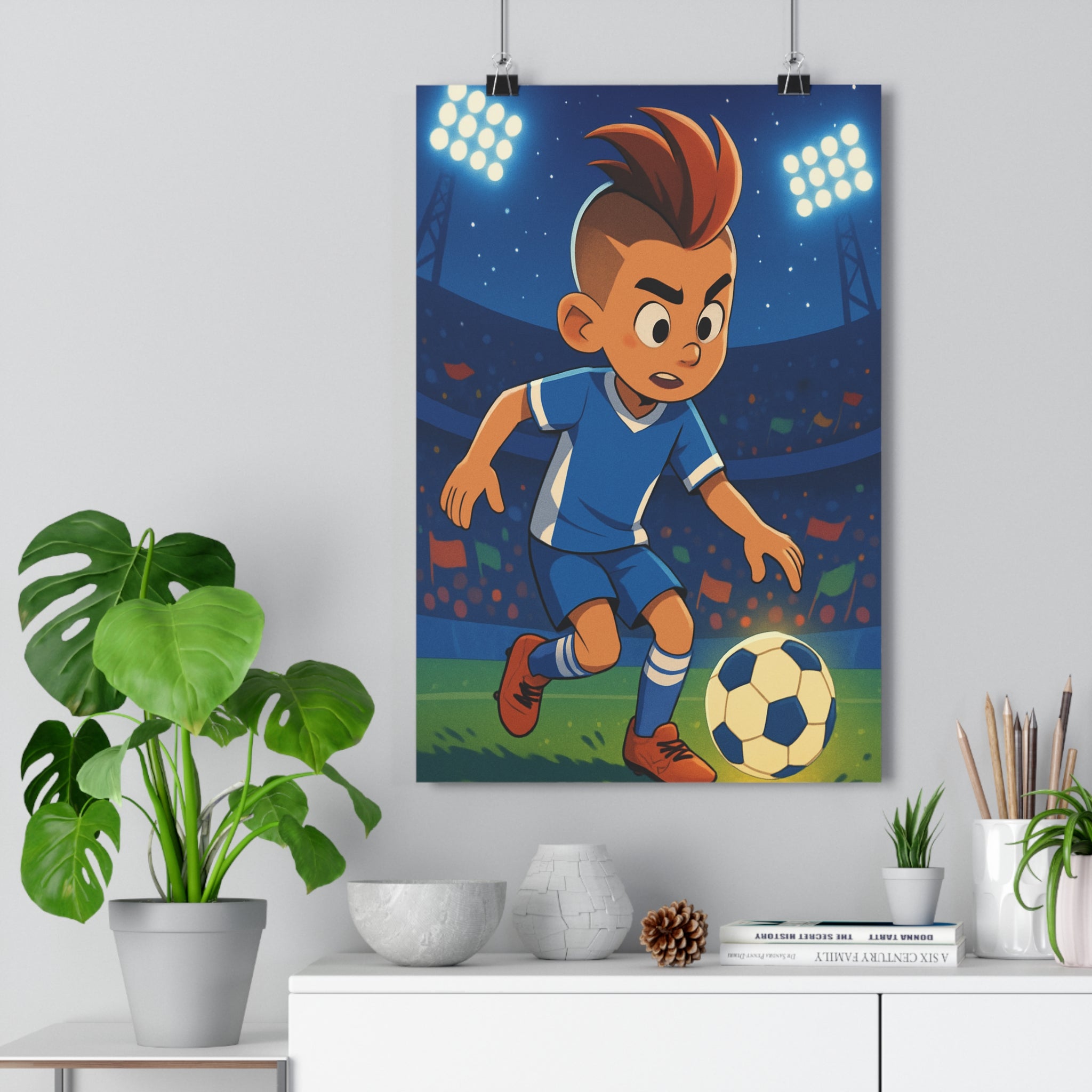 Poster décoratif jeune footballeur cartoon vibrant bleu blanc chambre enfant dynamique énergie tendance sport