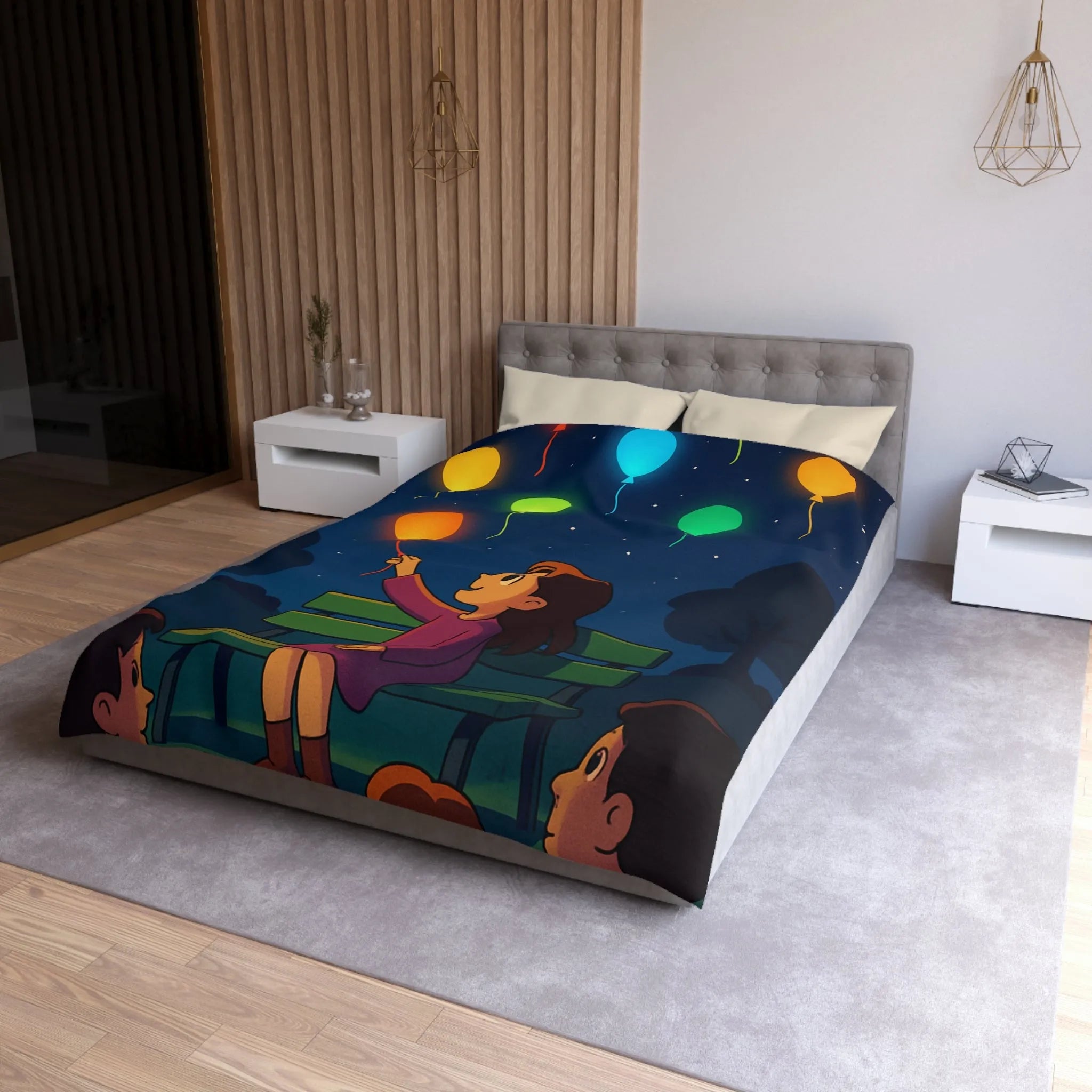 Housse de couette colorée avec ballons lumineux flottant dans un ciel étoilé magique