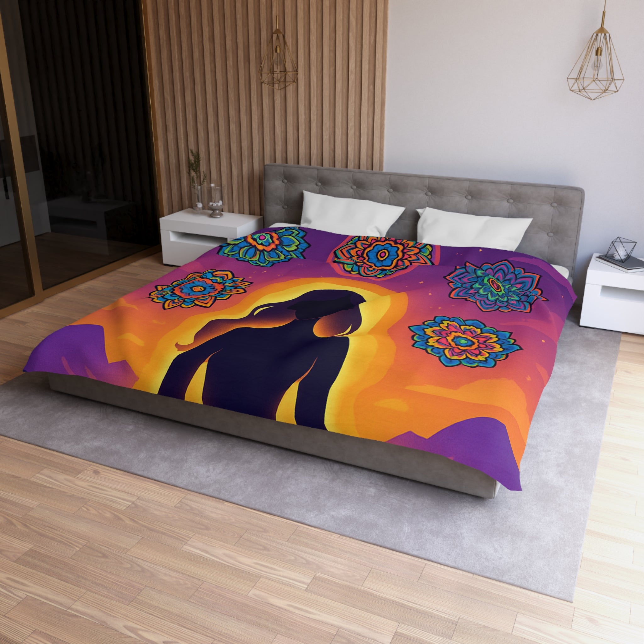 Paisible méditation silhouettée avec mandalas colorés et paysage crépusculaire serein et enchanteur