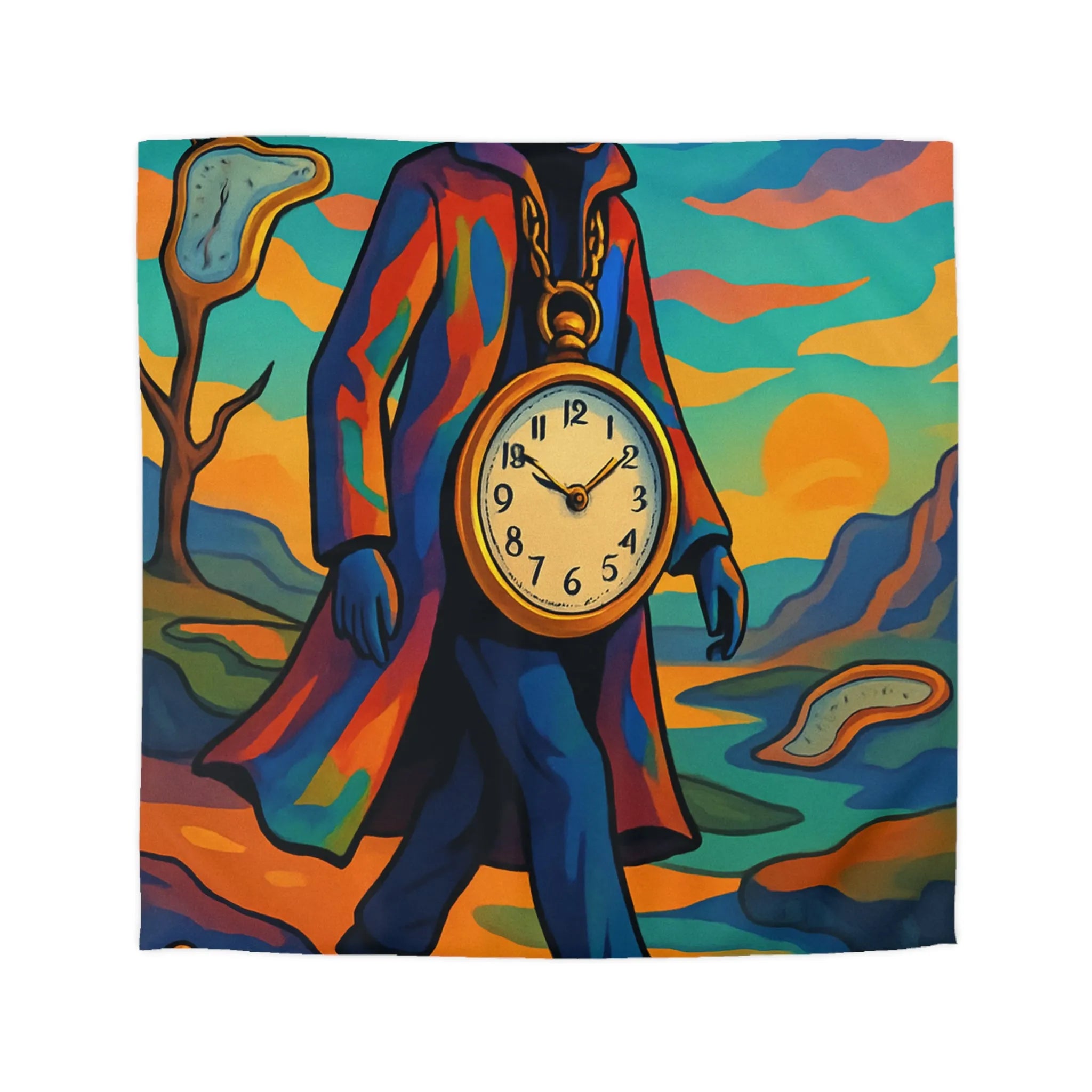 Housse de couette colorée avec personnage mystérieux style surréaliste montre et paysages