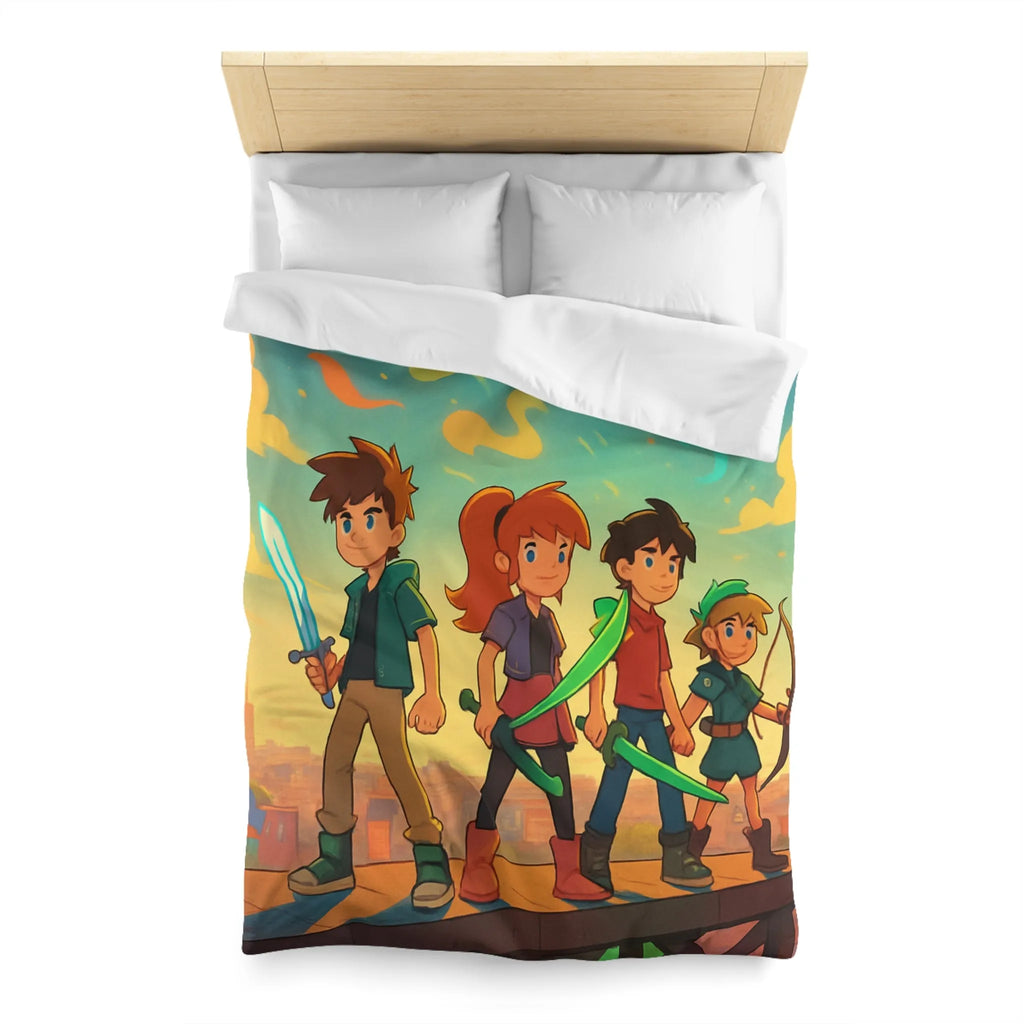 Housse de couette colorée avec quatre héros et ciel étoilé multicolore