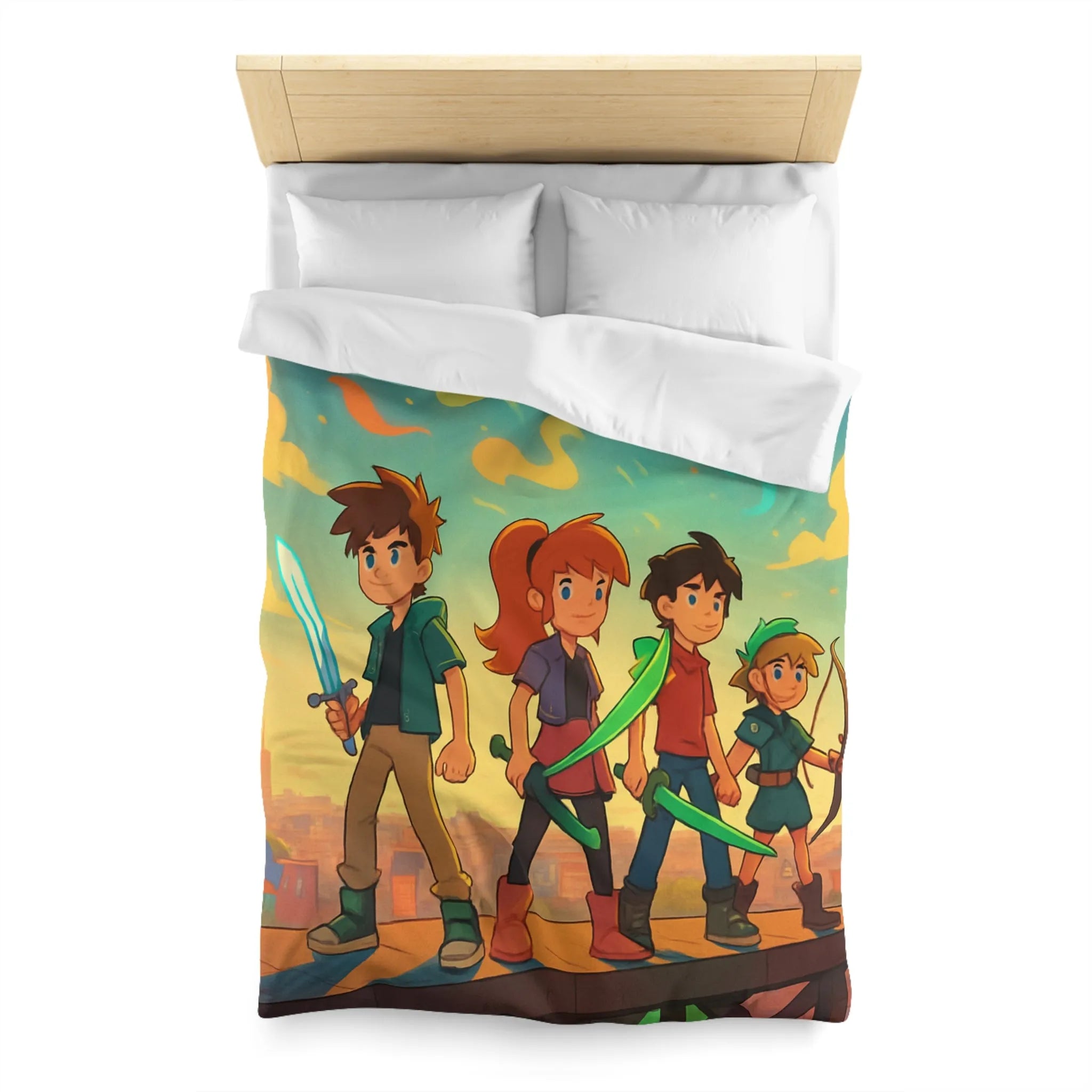 Housse de couette colorée avec quatre héros et ciel étoilé multicolore