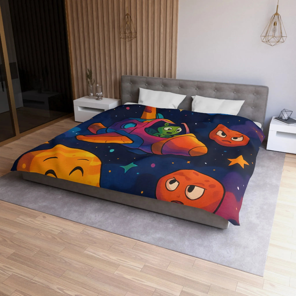 Housse de couette enfant cosmos coloré avec planètes amusantes et fusée extraterrestre