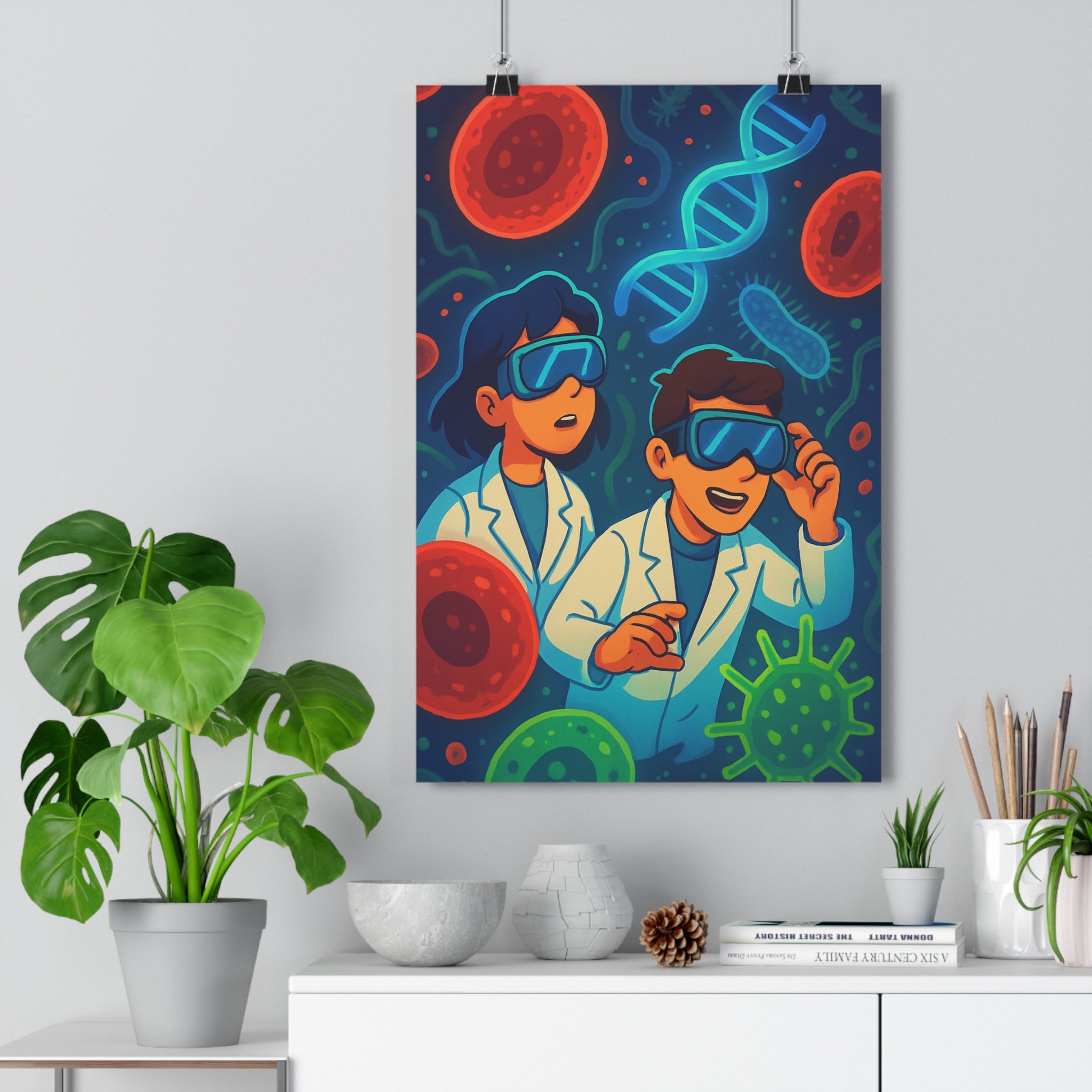 Poster décoratif cartoon scientifique rouge bleu vert éducatif classe bureau ludique dynamique cellules structures