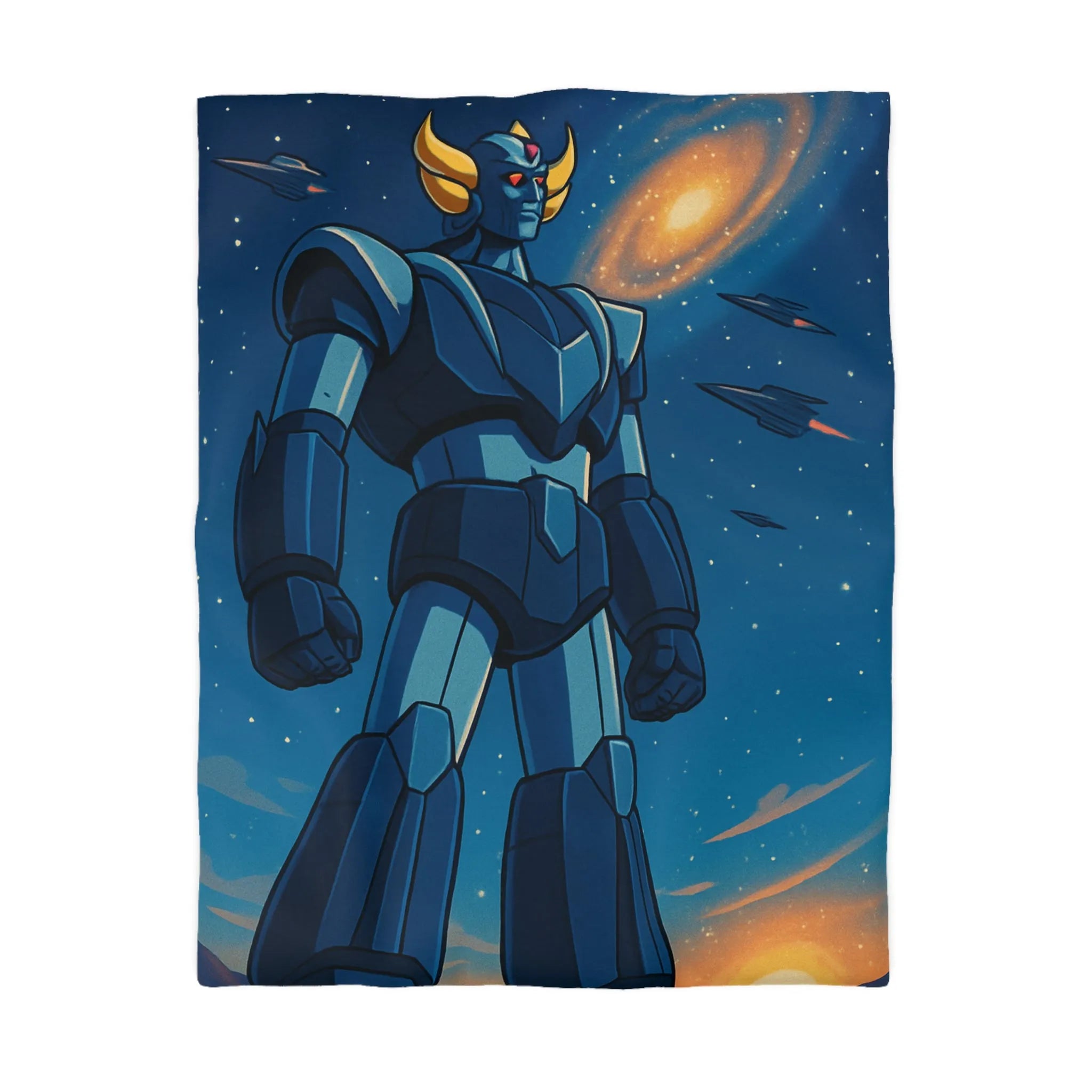 Housse de couette avec illustration rétro robot géant dans l'espace étoilé fascinant