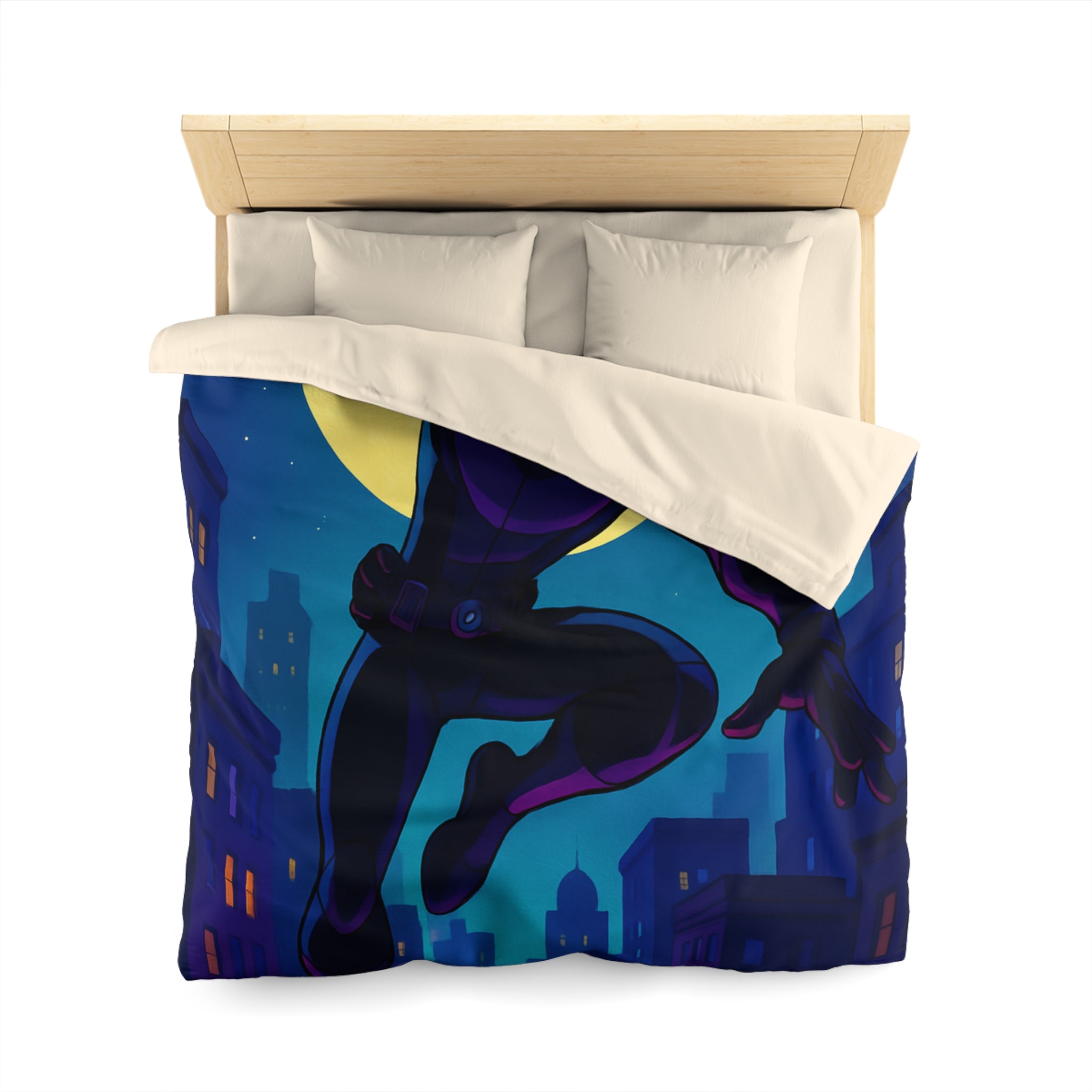 Housse de couette super-héros noir sautant devant une pleine lune et des drones urbains