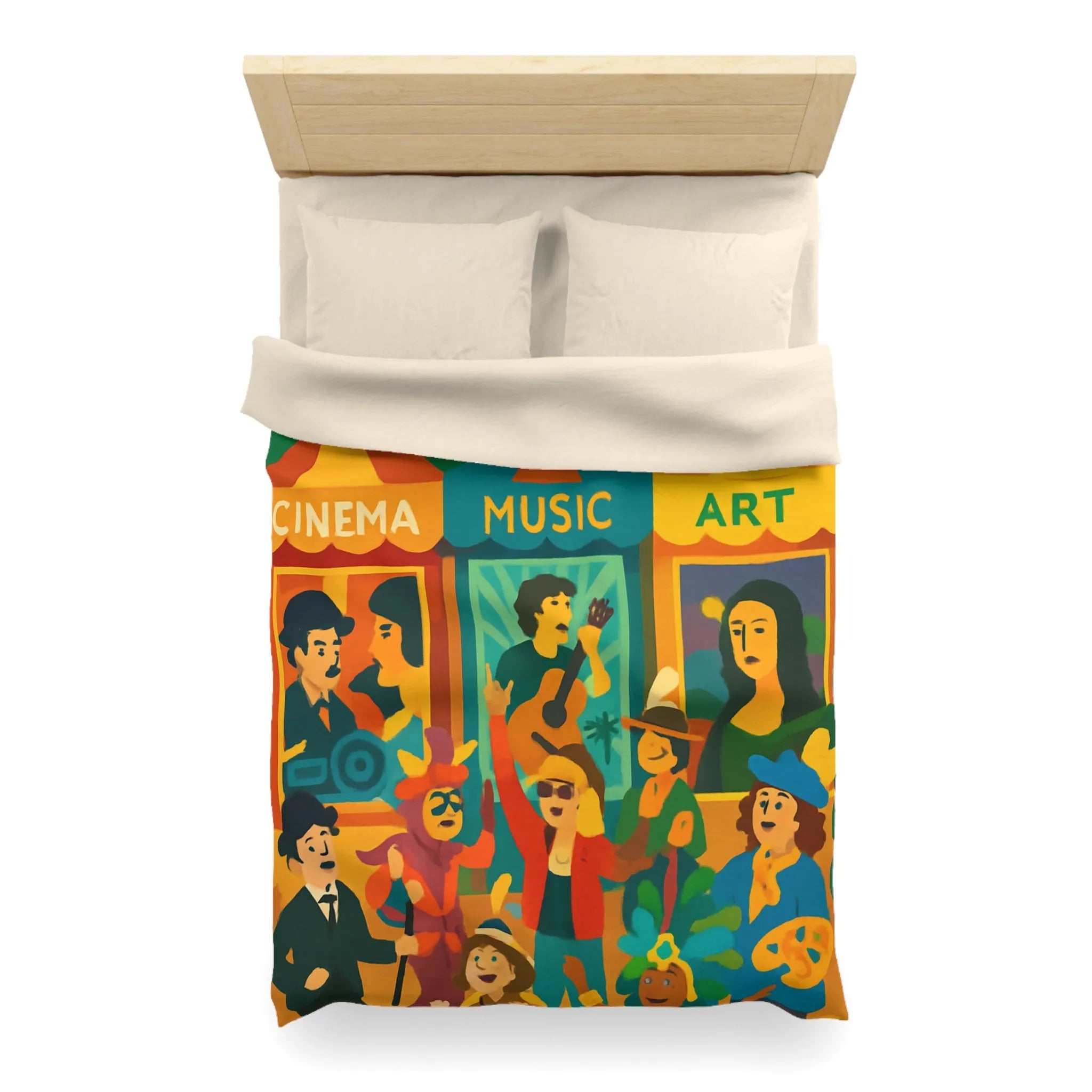 Housse de couette colorée avec motifs cinéma, musique et art, ambiance festive bohème