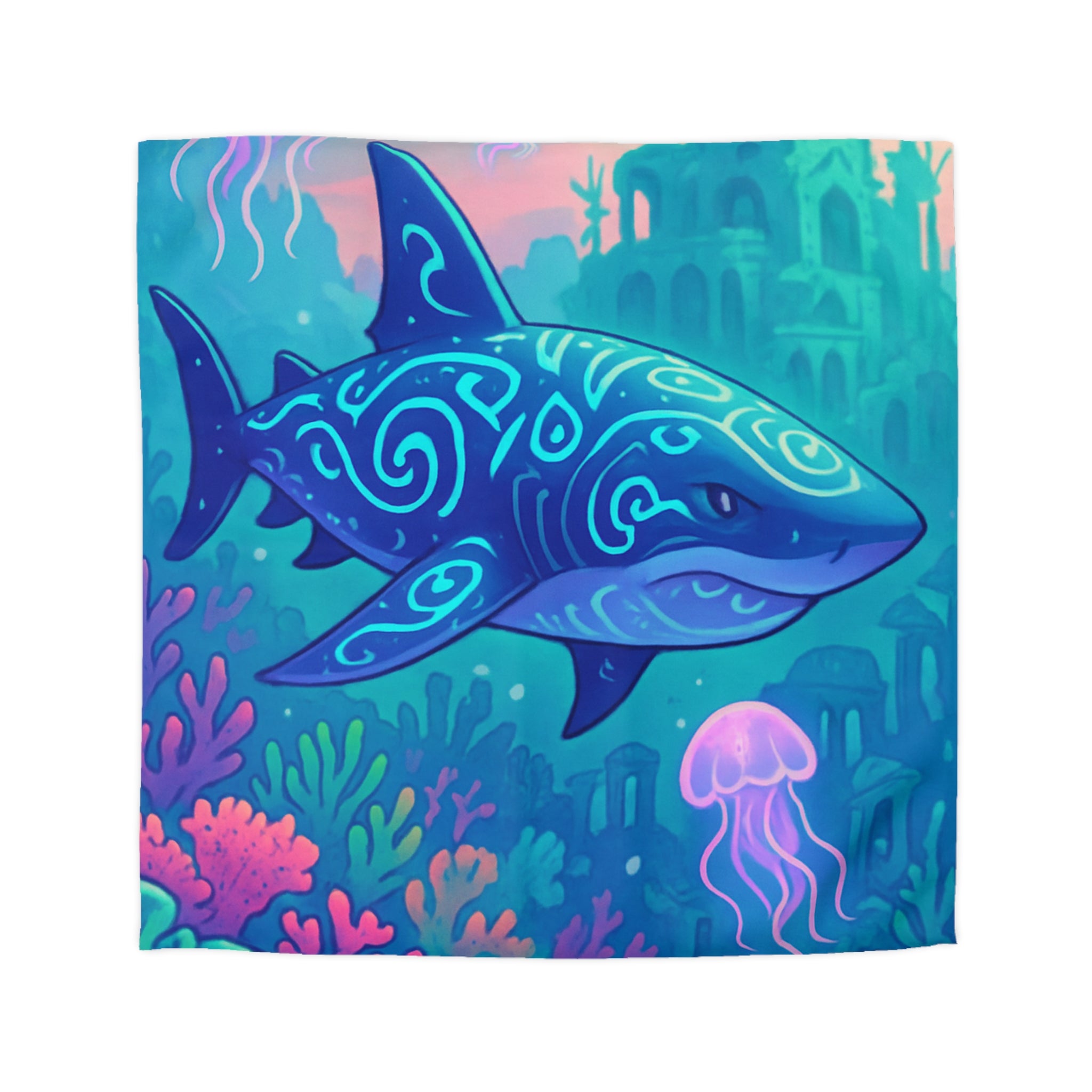 Housse de couette océan fantastique avec requin luminescent et méduses colorées