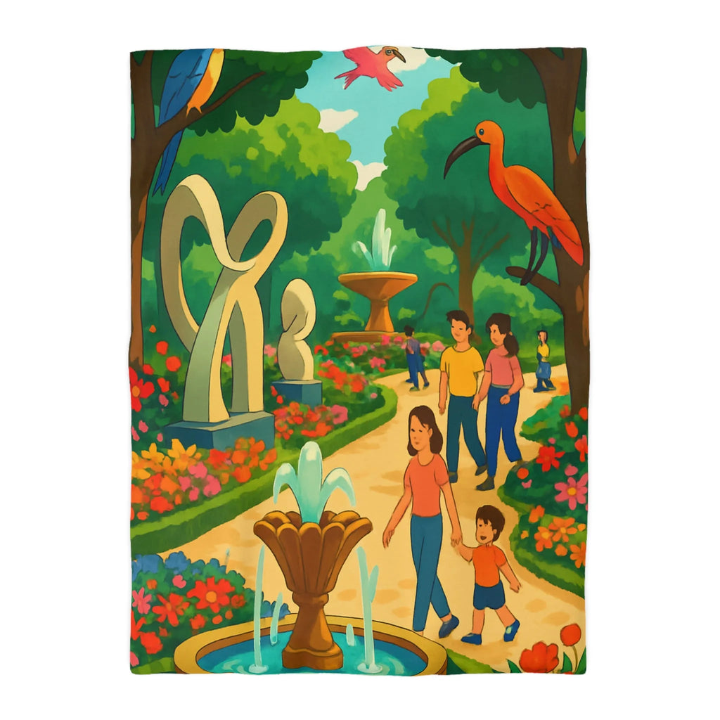 Housse de Couette Colorée Illustrant un Jardin avec Oiseaux et Familles en Promenade