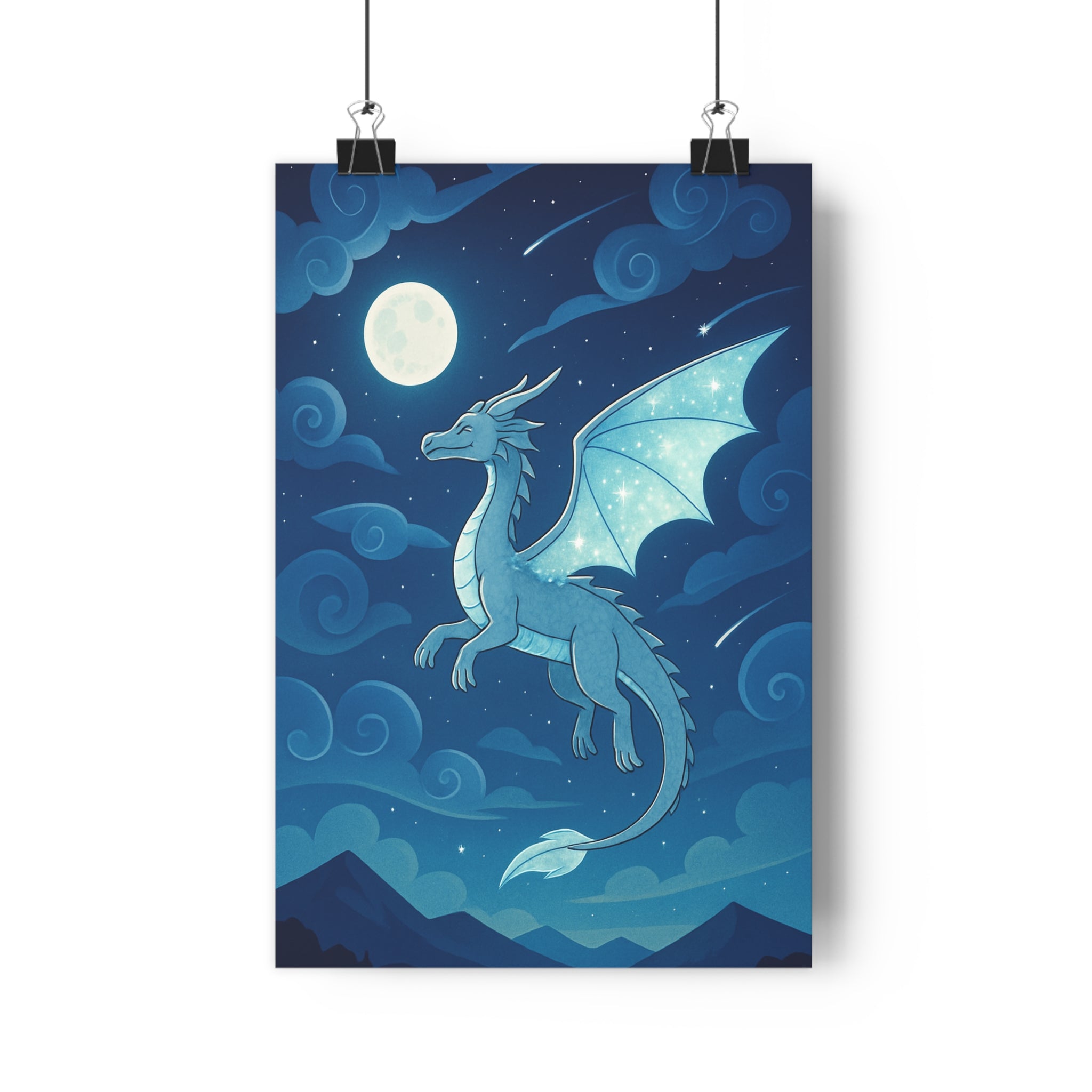 Poster décoratif dragon lunaire argenté bleu mystique chambre créatif moderne 30x46 ambiance rêve étoilé