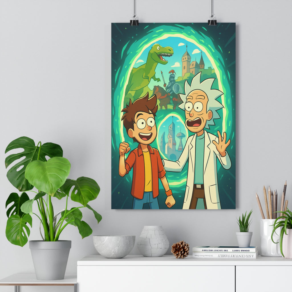 Poster décoratif cartoon aventure lumineux dinosaure château médiéval enfant chambre fantaisie format 30x46 cm