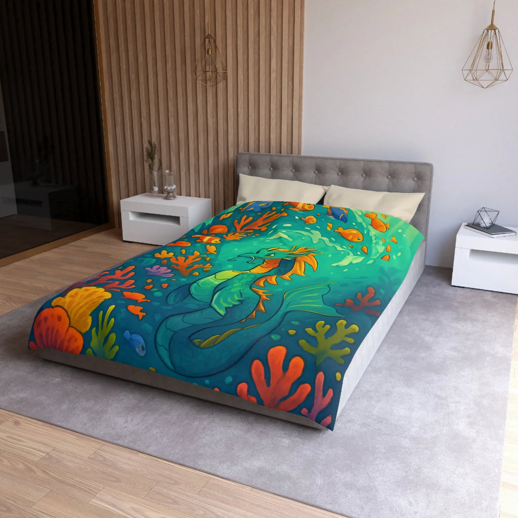 Housse de couette avec dragon marin et poissons dans des eaux colorées vibrantes