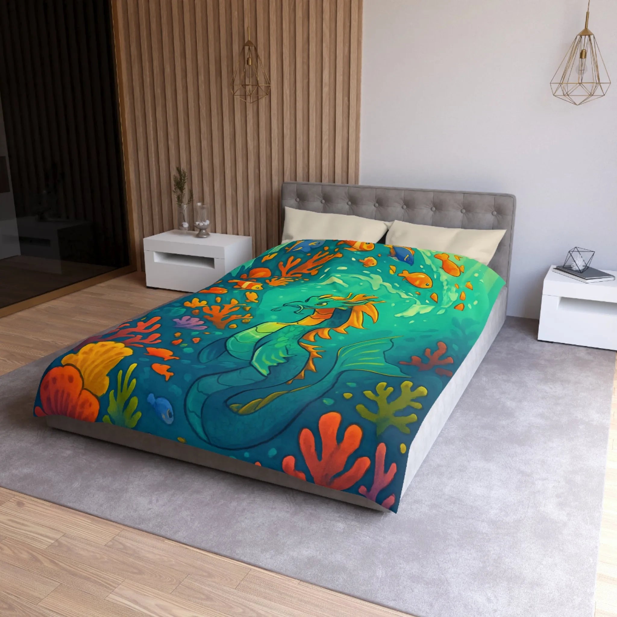 Housse de couette avec dragon marin et poissons dans des eaux colorées vibrantes