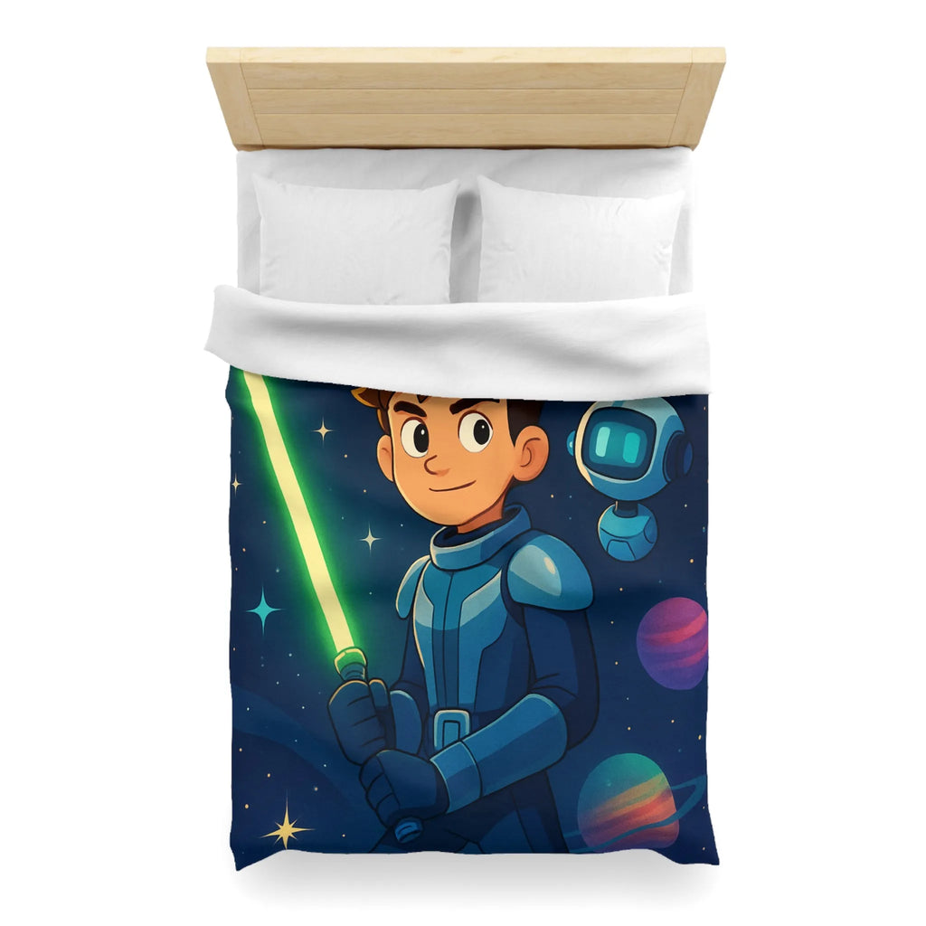 Housse de couette galactique avec enfant et robot, étoiles scintillantes et planètes colorées