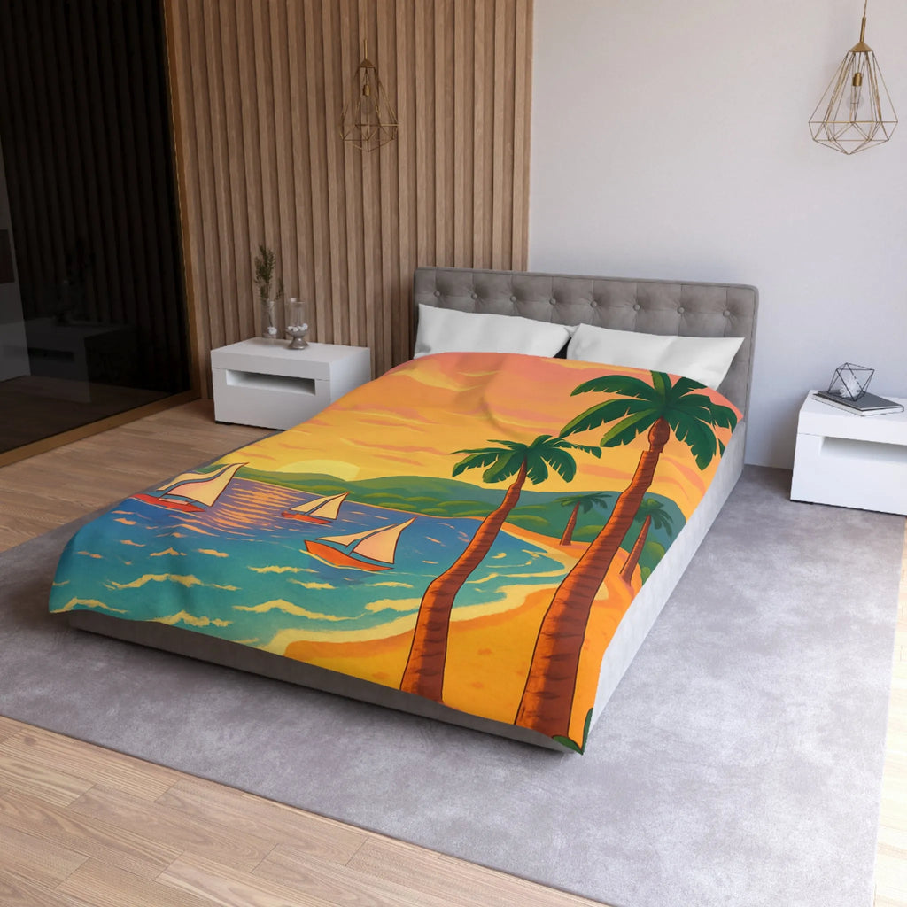 Housse de couette avec motif tropical, plage, palmiers et voiliers au coucher de soleil