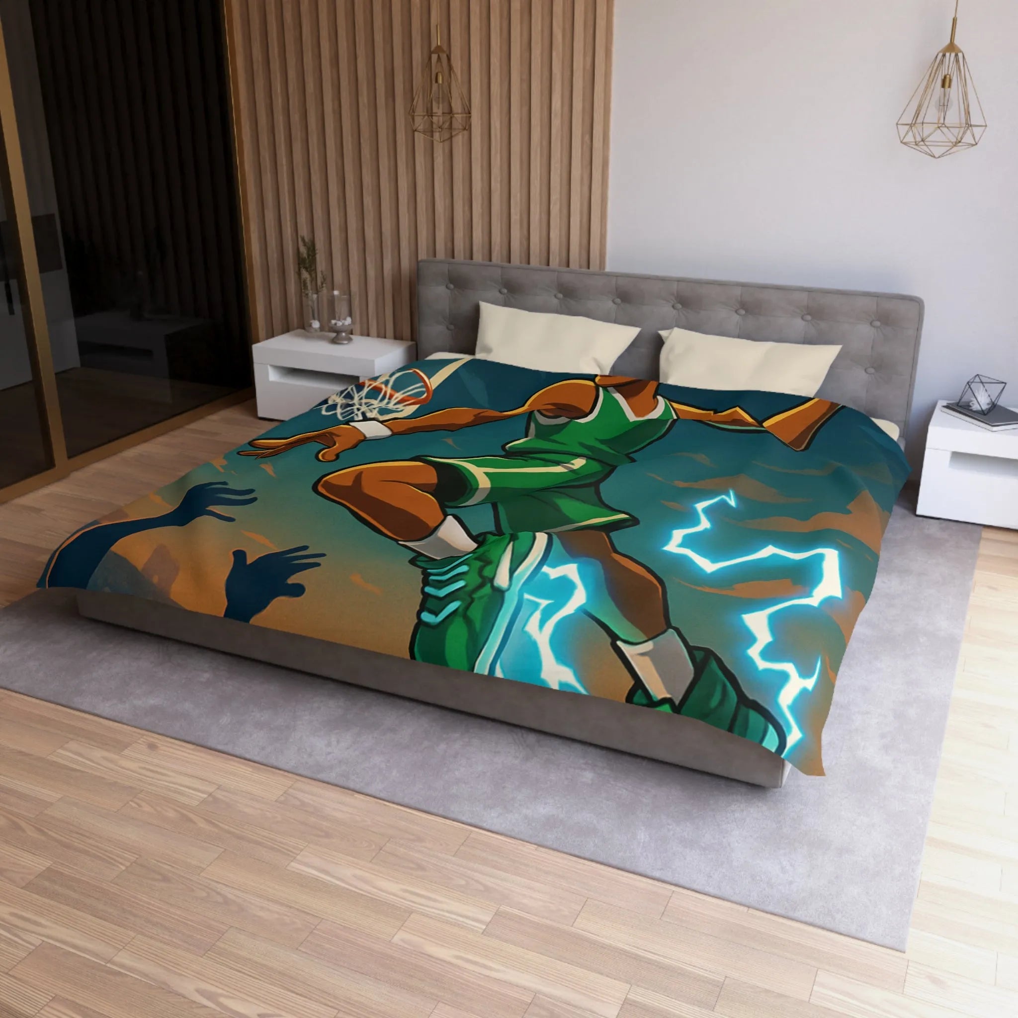 Housse de couette basket dynamique avec joueur en plein slam dunk lumineux