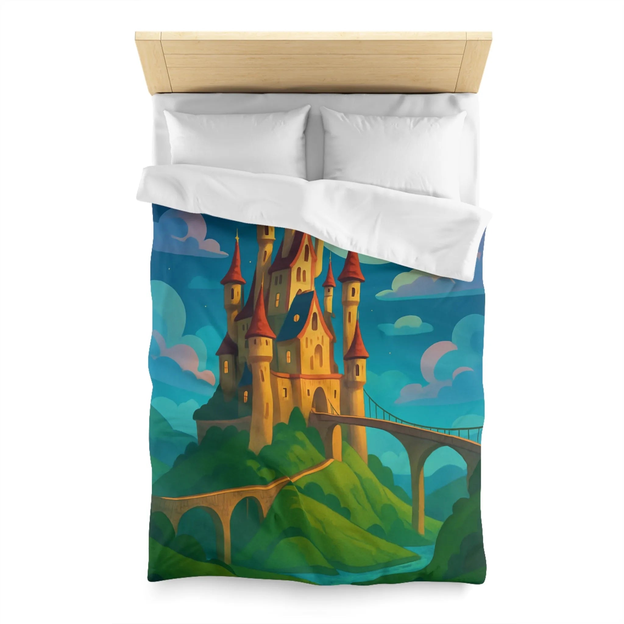 Housse de couette château féerique illuminé par la lune dans un paysage enchanteur nocturne