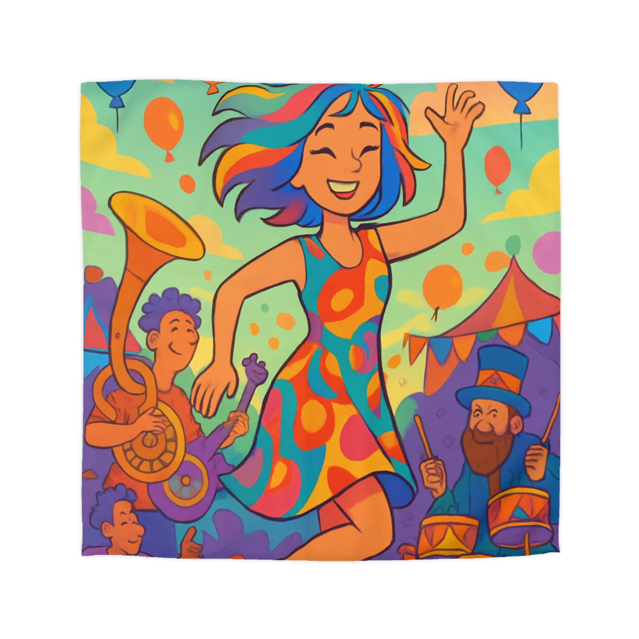 Housse de couette multicolore avec motif de fête joyeuse et personnages dansants