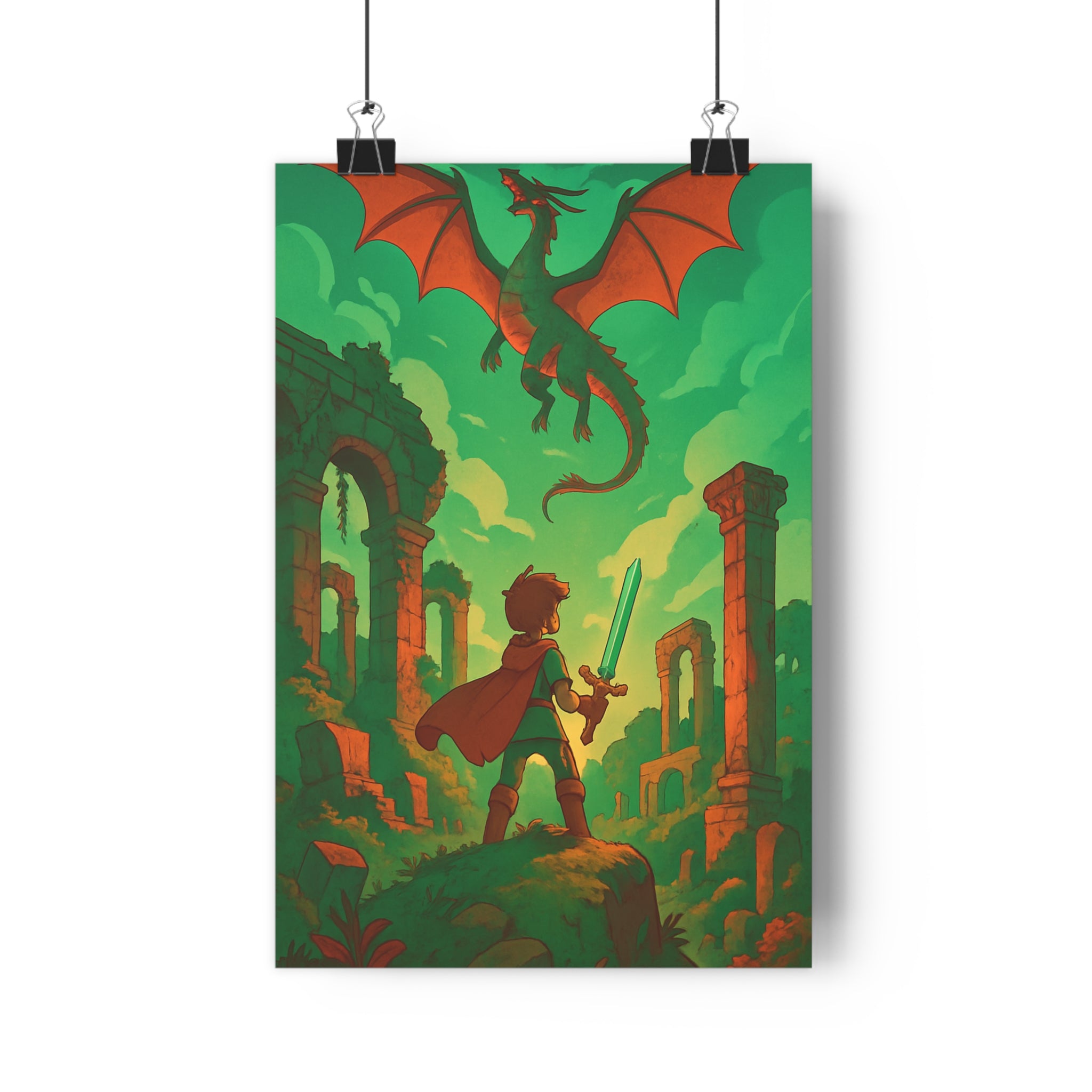 Poster décoratif anime épique dragon guerrier épée mystique couleurs vives chambre salon bureau ambiance