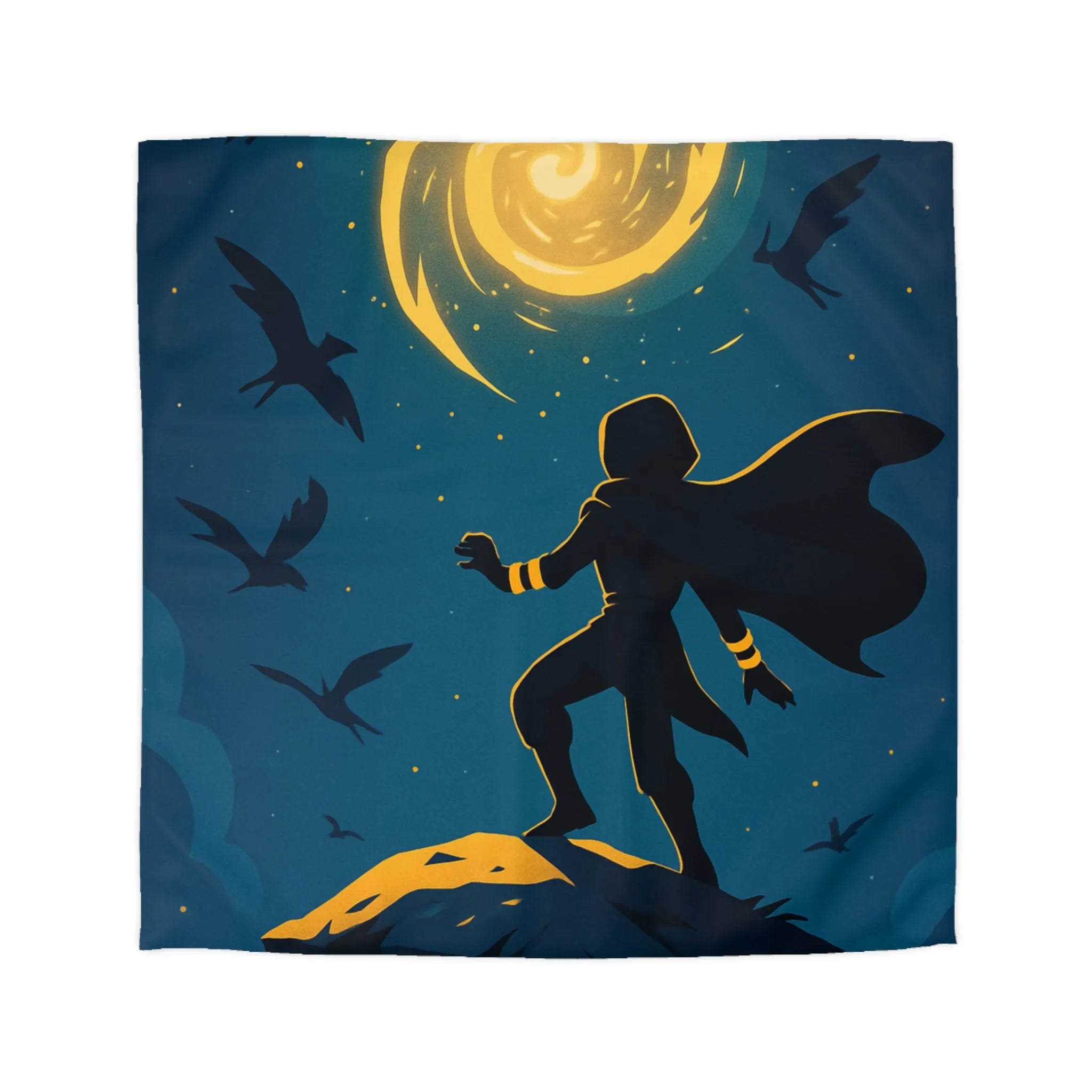 Housse de couette aventure magique, silhouette et spirale dorée dans ciel étoilé