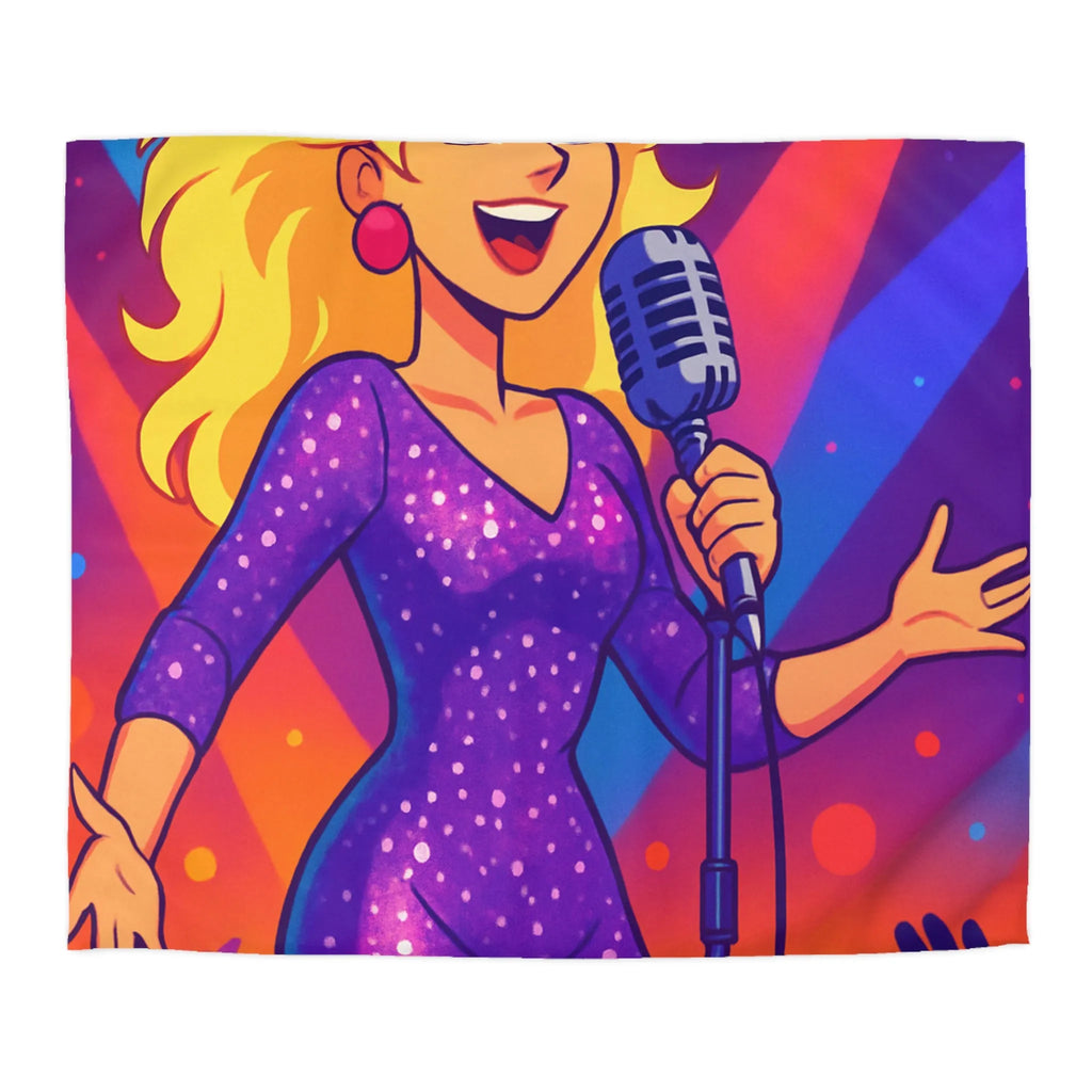 Housse de couette colorée avec chanteuse animée sous projecteurs en scène dynamique