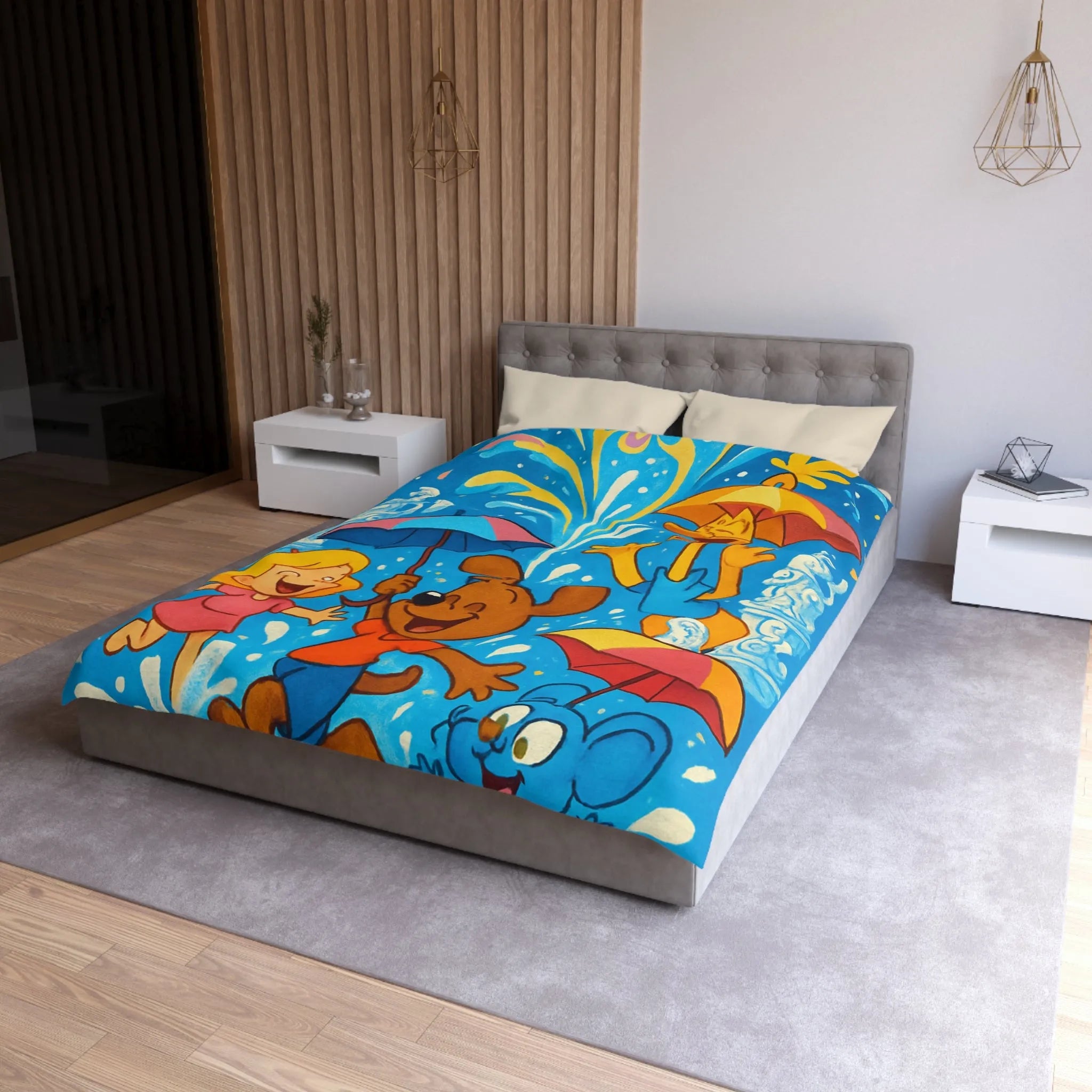 Housse de couette joyeuse avec animaux et enfants sous feux d'artifice colorés