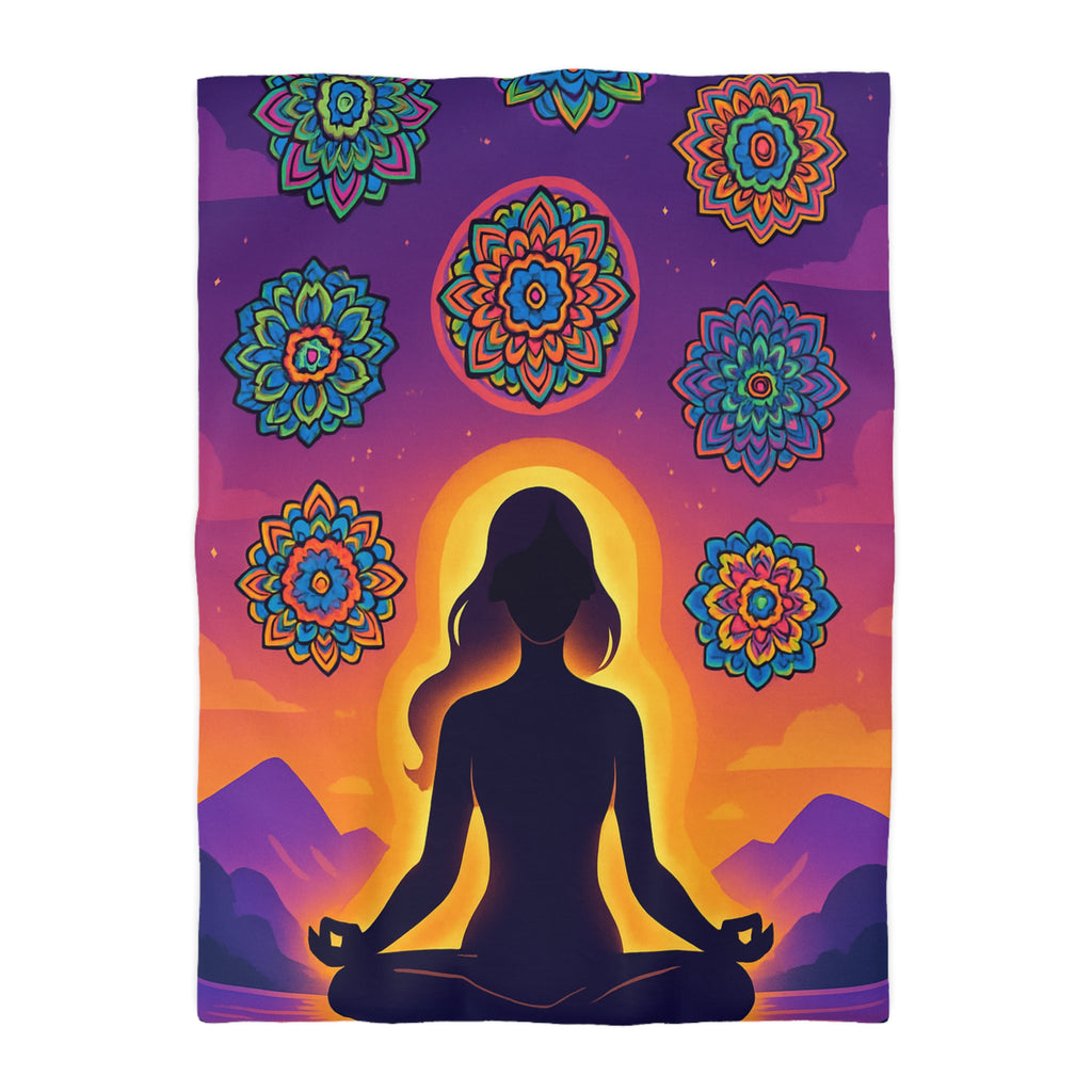 Paisible méditation silhouettée avec mandalas colorés et paysage crépusculaire serein et enchanteur