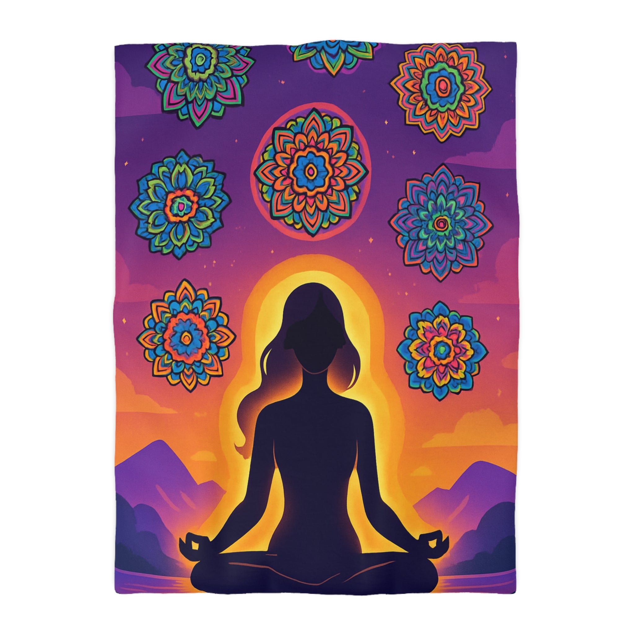 Paisible méditation silhouettée avec mandalas colorés et paysage crépusculaire serein et enchanteur