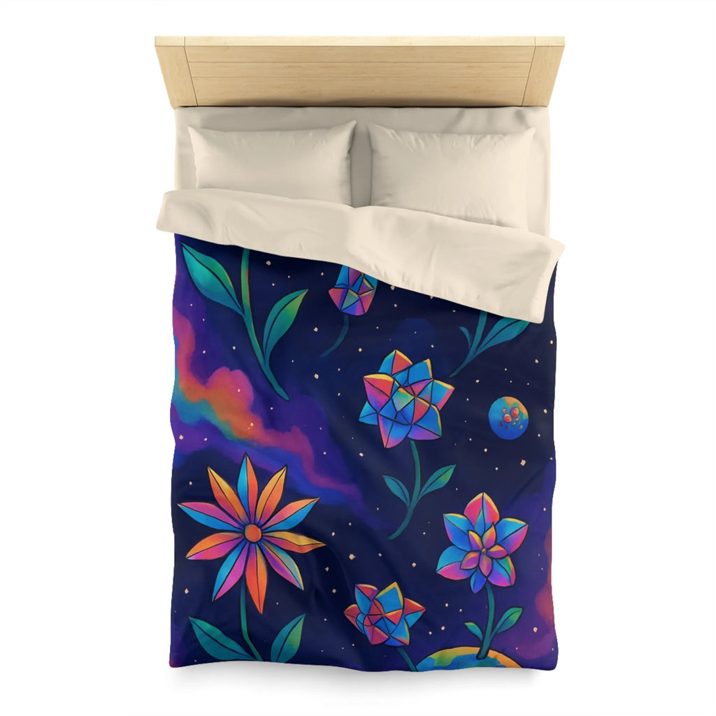 Housse de couette avec des fleurs géométriques aux couleurs cosmiques dans l'espace étoilé