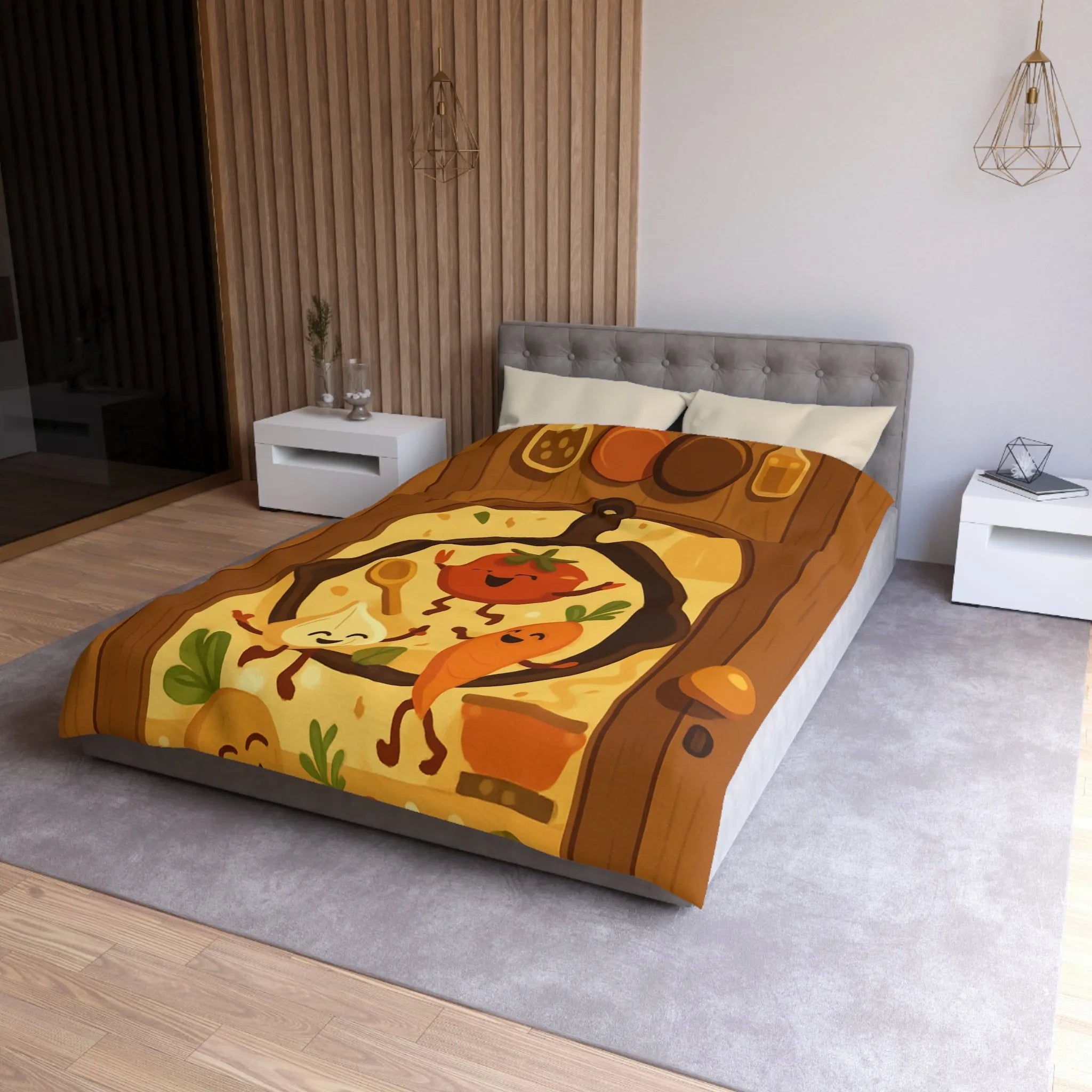 Housse de couette joyeuse avec légumes dans une poêle ambiance cuisine chaleureuse