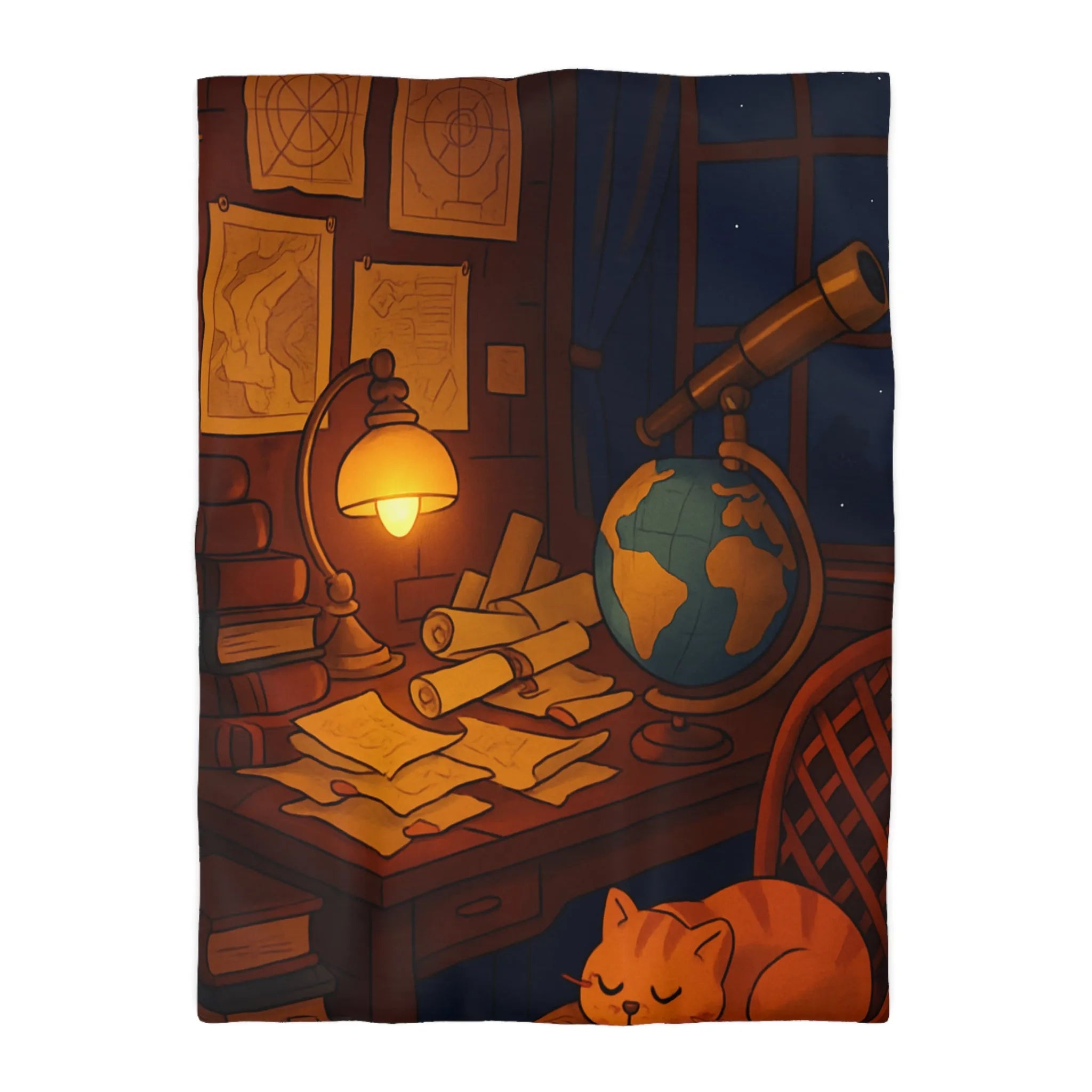 Housse de Couette Astronomie Vintage avec Chat et Globe Terrestre pour Chambre Apaisante