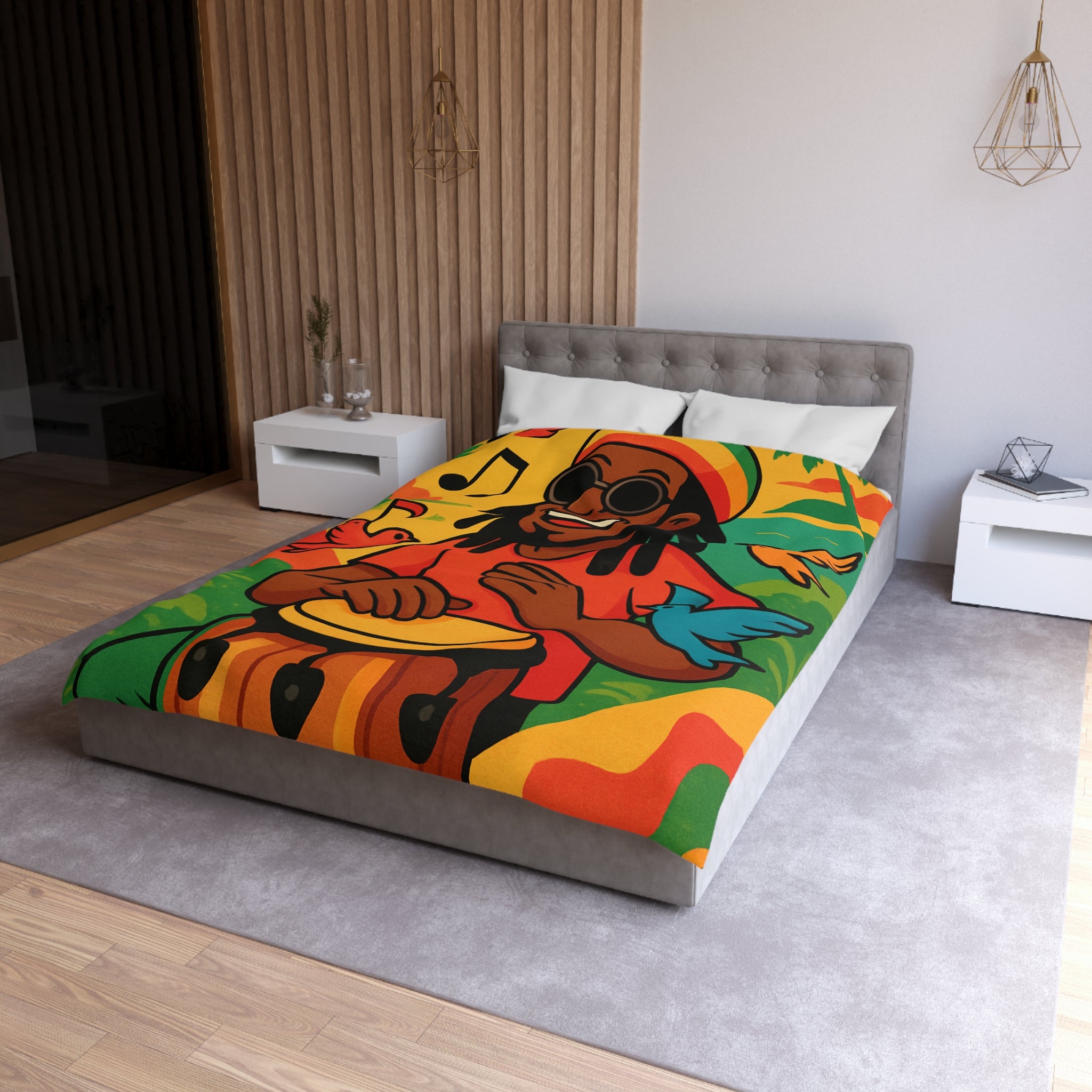 Housse de couette vibrante arc-en-ciel reggae avec tambour, palmiers et oiseaux colorés