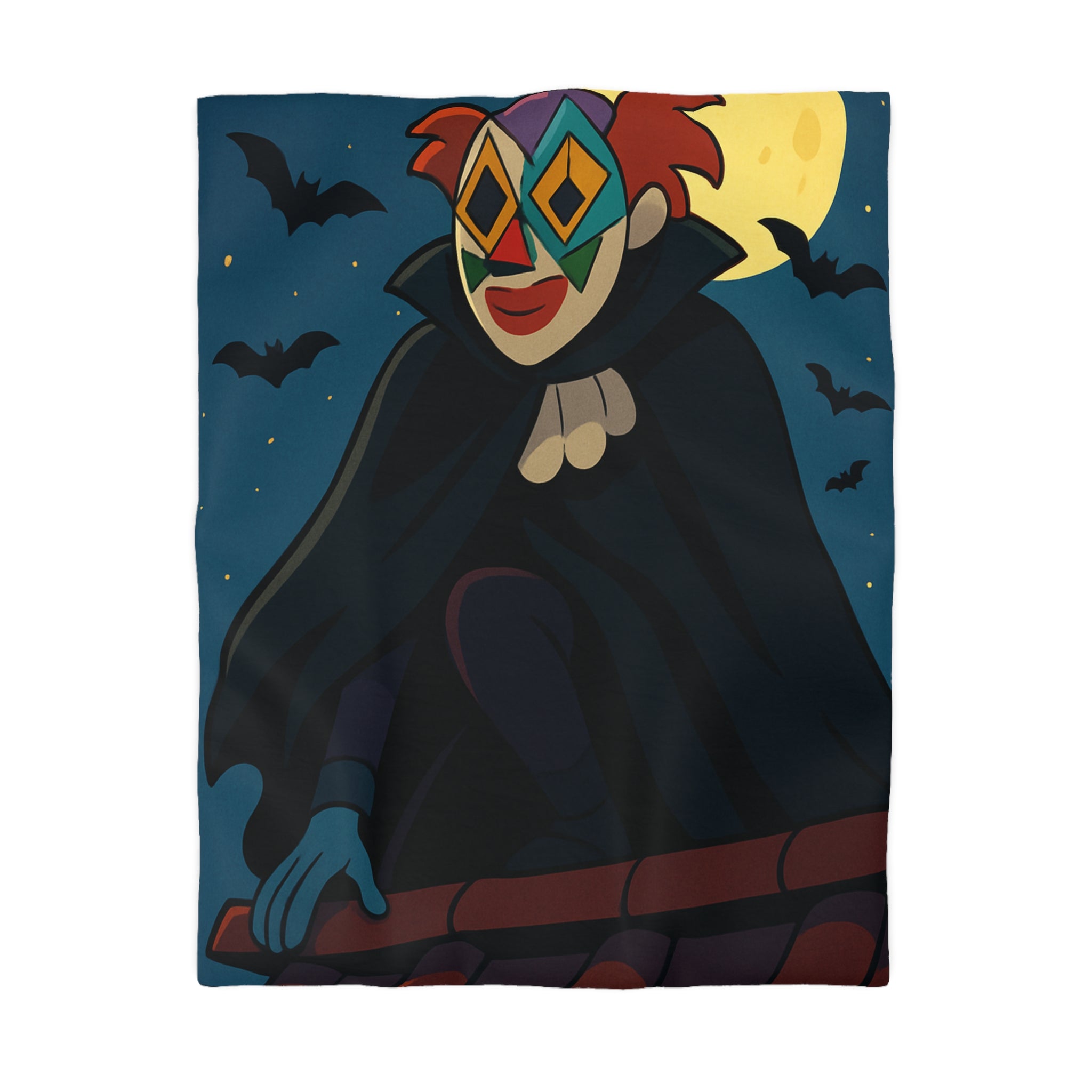 Masque Joker Coloré Sous Pleine Lune avec Chauves-Souris sur une Toiture Effrayante