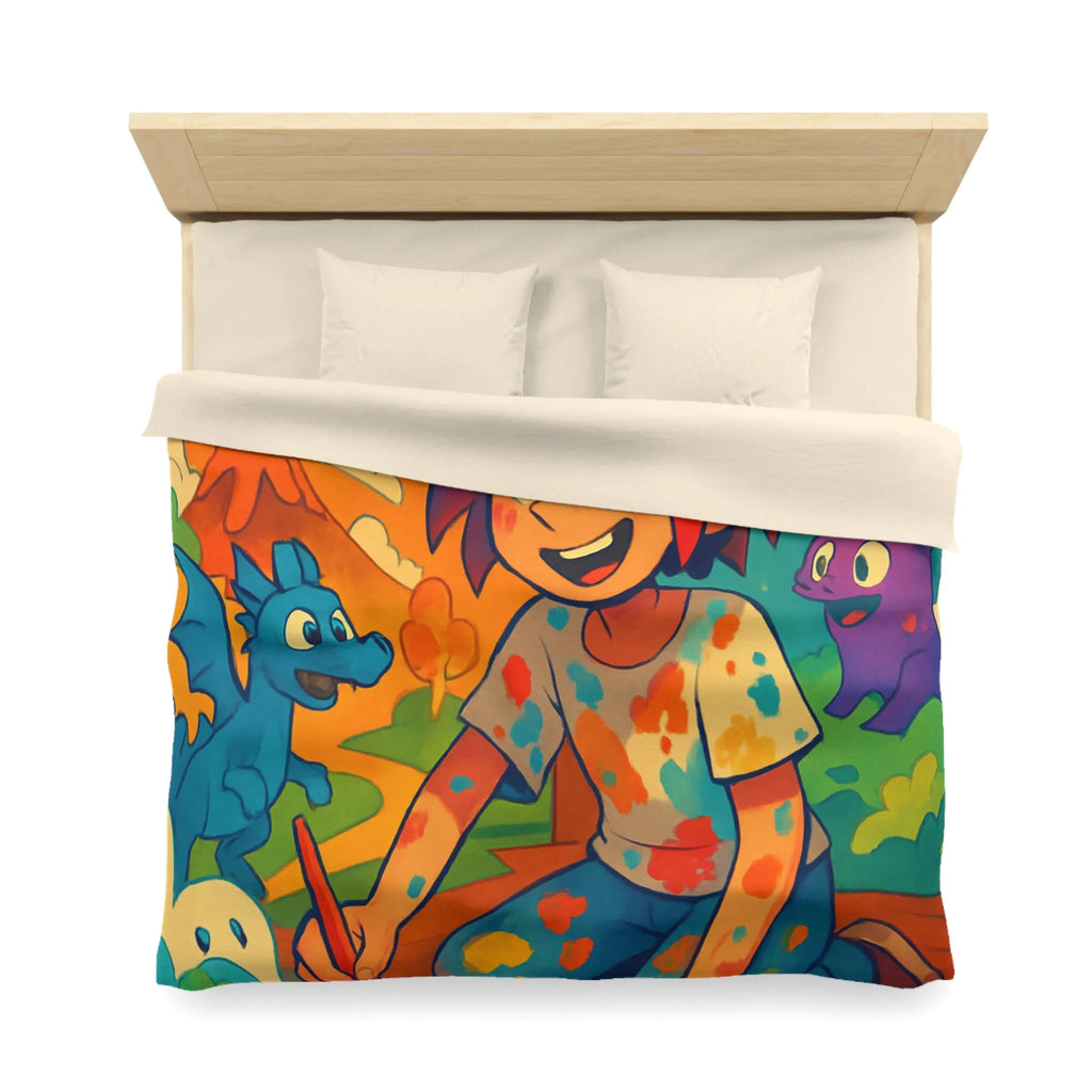 Housse de couette colorée illustrée avec enfant créatif et créatures fantastiques joyeuses