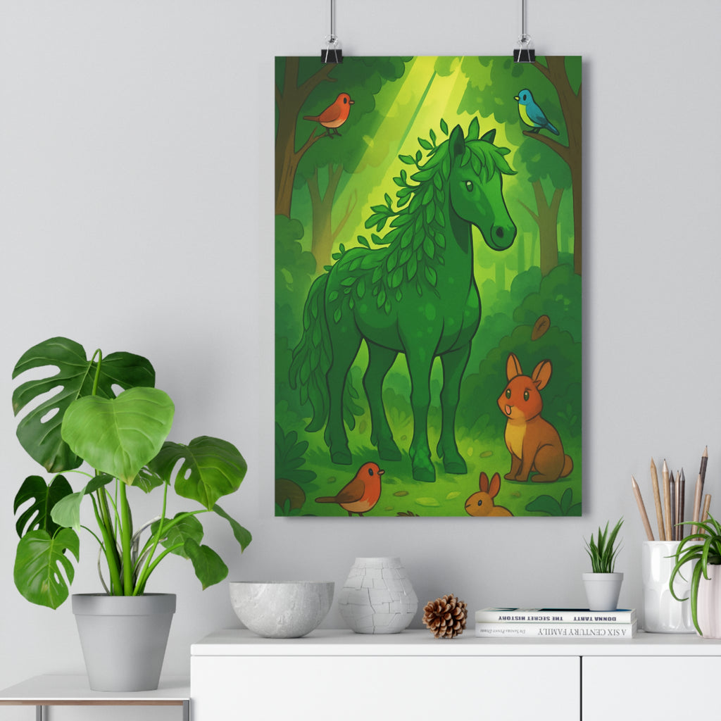 Poster décoratif vert cartoon enchanté nature chambre enfant détente 30x46 forêt animaux paisible sérénité